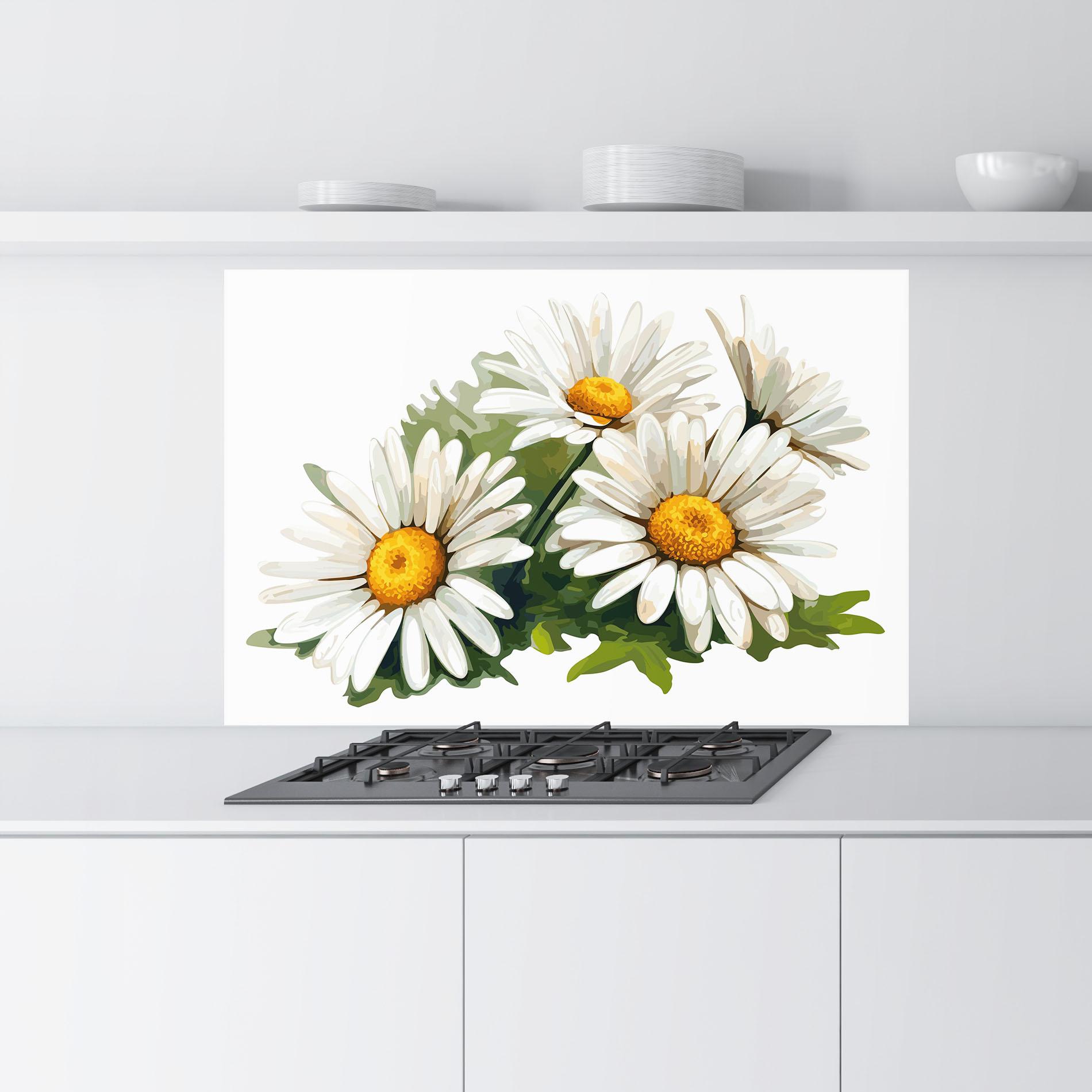 Küchenrückwand Glas Grey White Daisy mockup 9