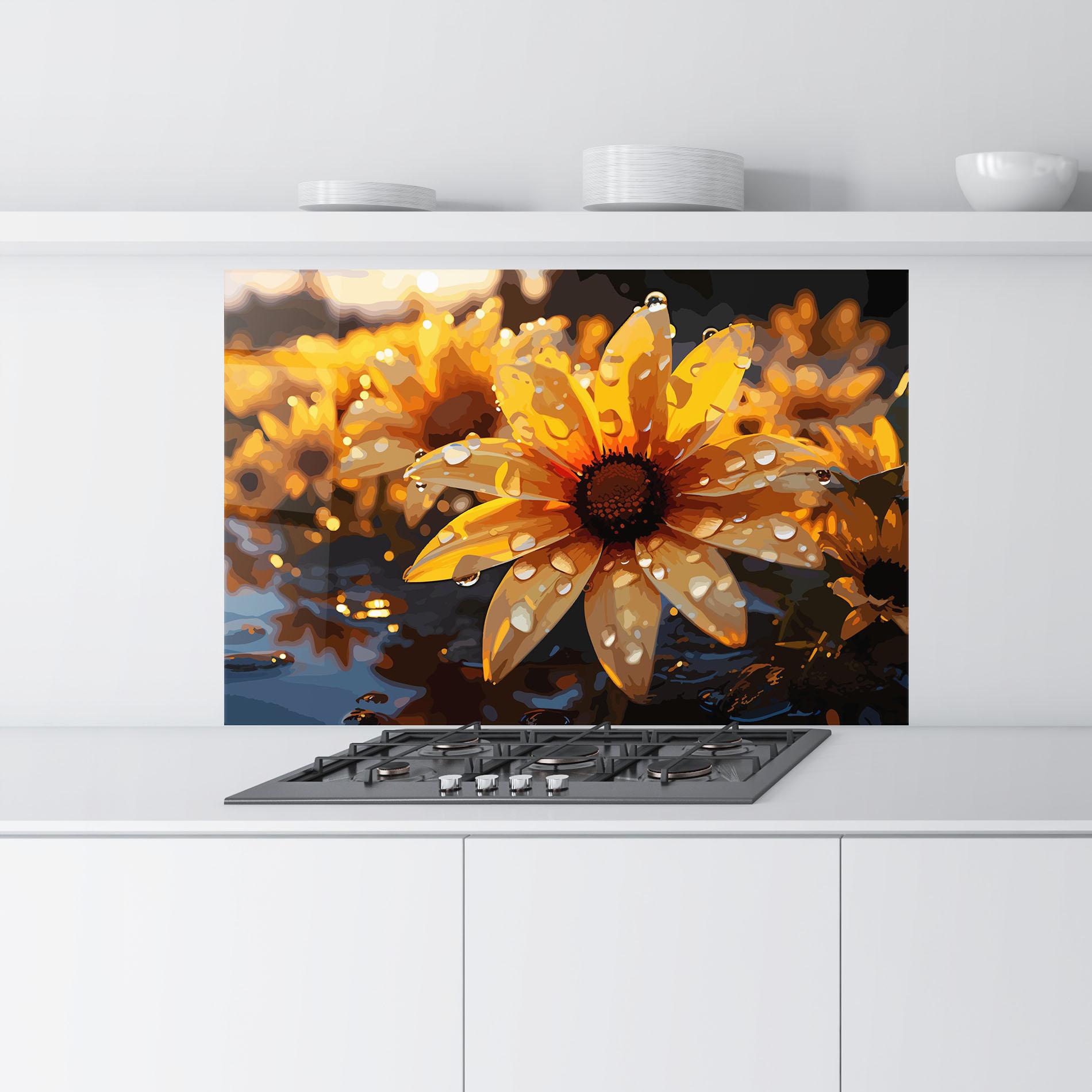 Küchenrückwand Glas Rainy Yellow Daisy mockup 9