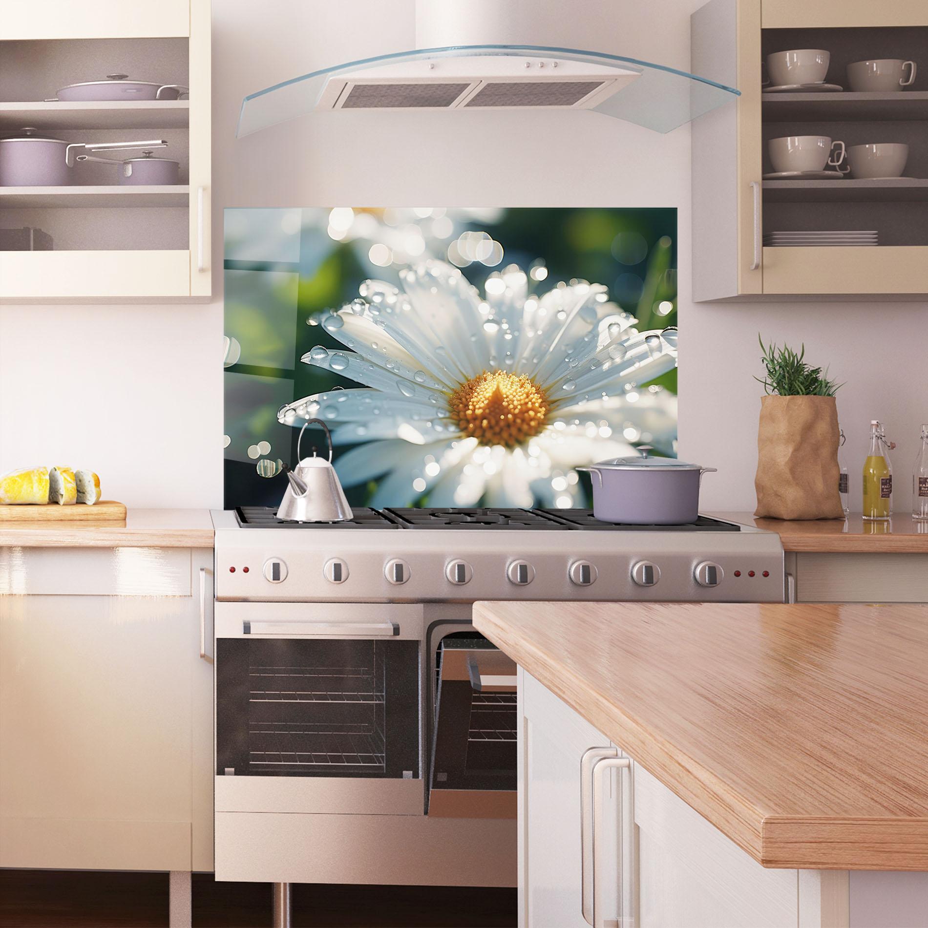Küchenrückwand Glas Daisy After Rain Close Up mockup 1