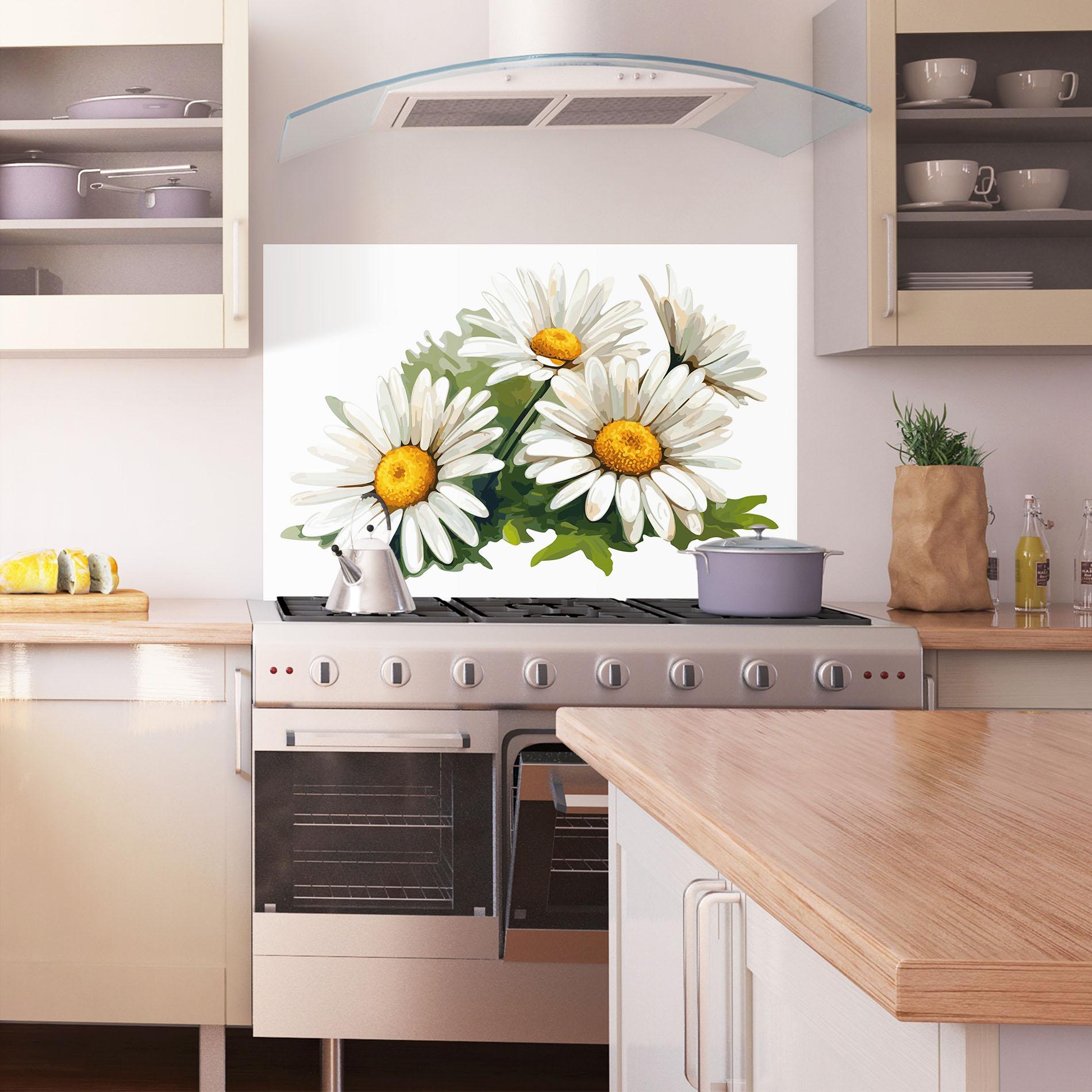 Küchenrückwand Glas Grey White Daisy mockup 1