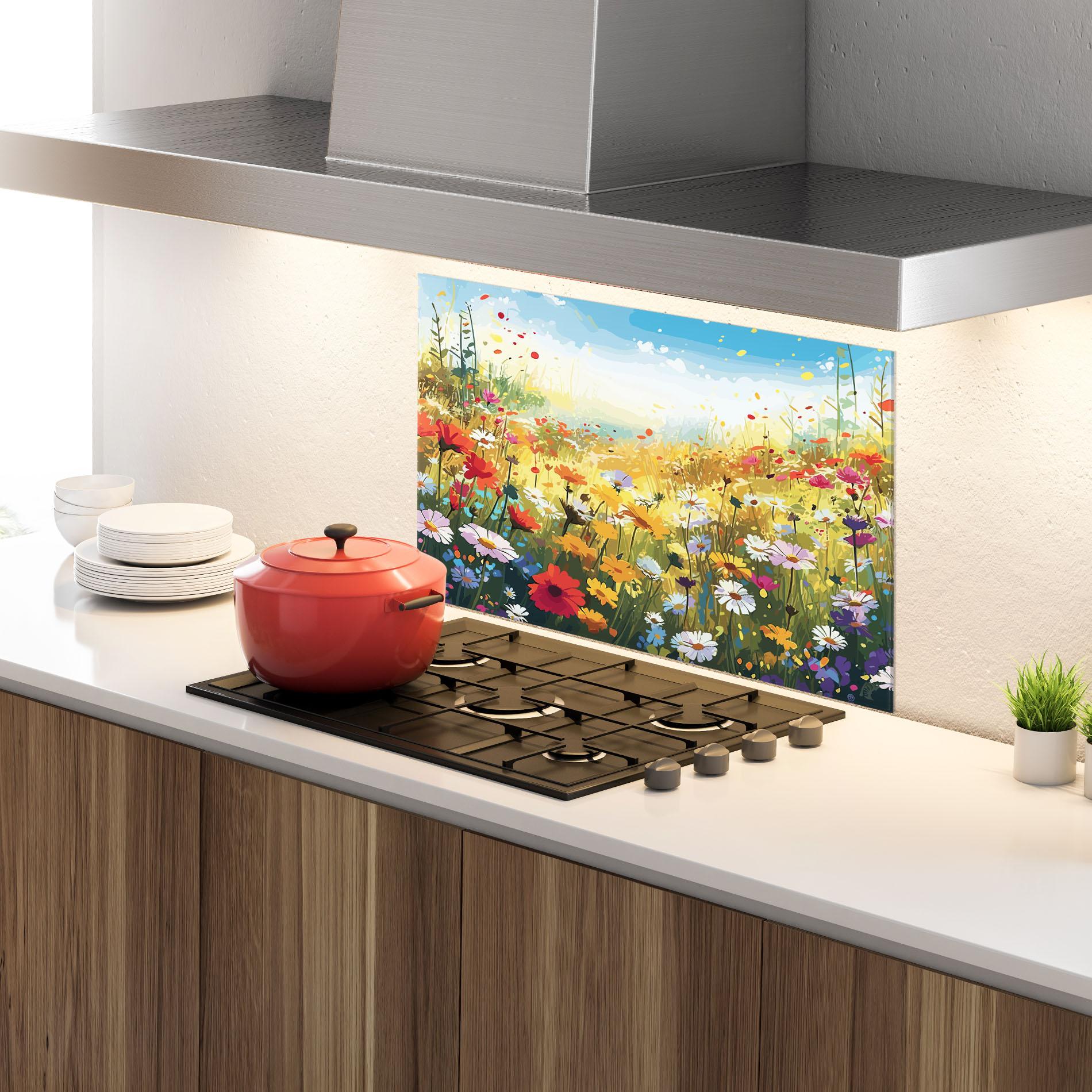 Küchenrückwand Glas Colorful Daisy Mix mockup 4