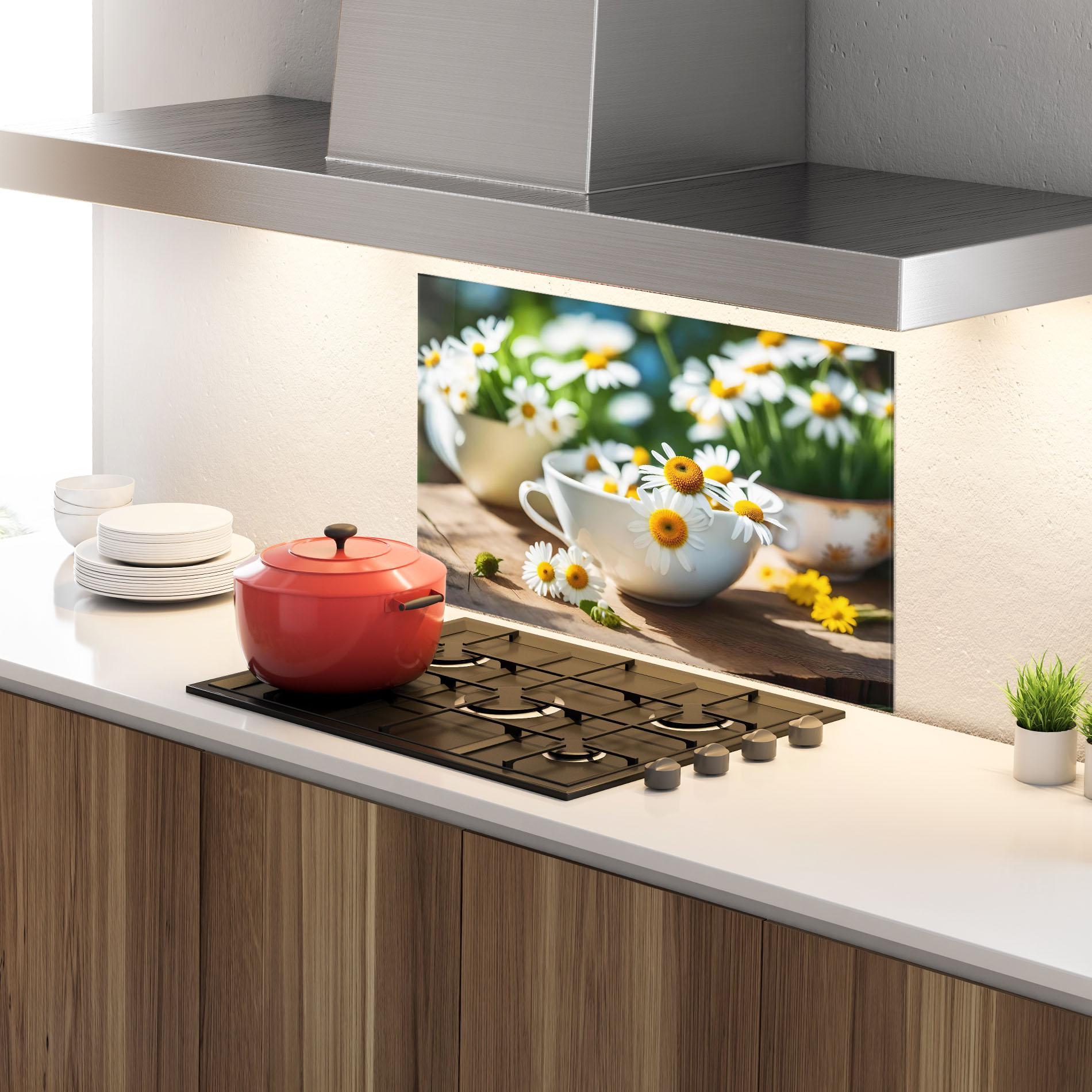 Küchenrückwand Glas Daisies In A Cup mockup 4