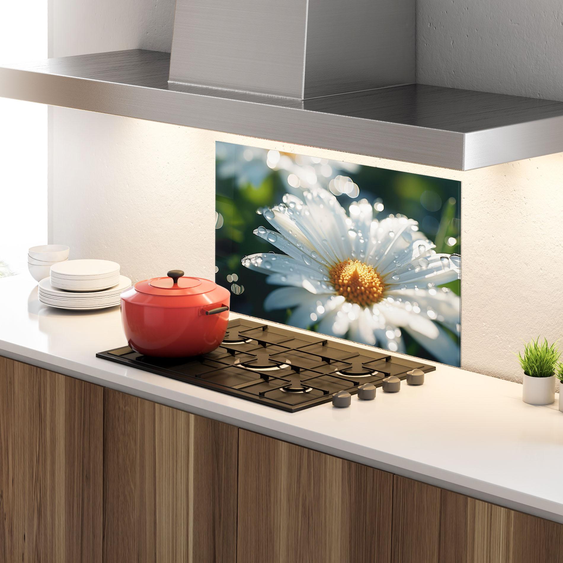 Küchenrückwand Glas Daisy After Rain Close Up mockup 4
