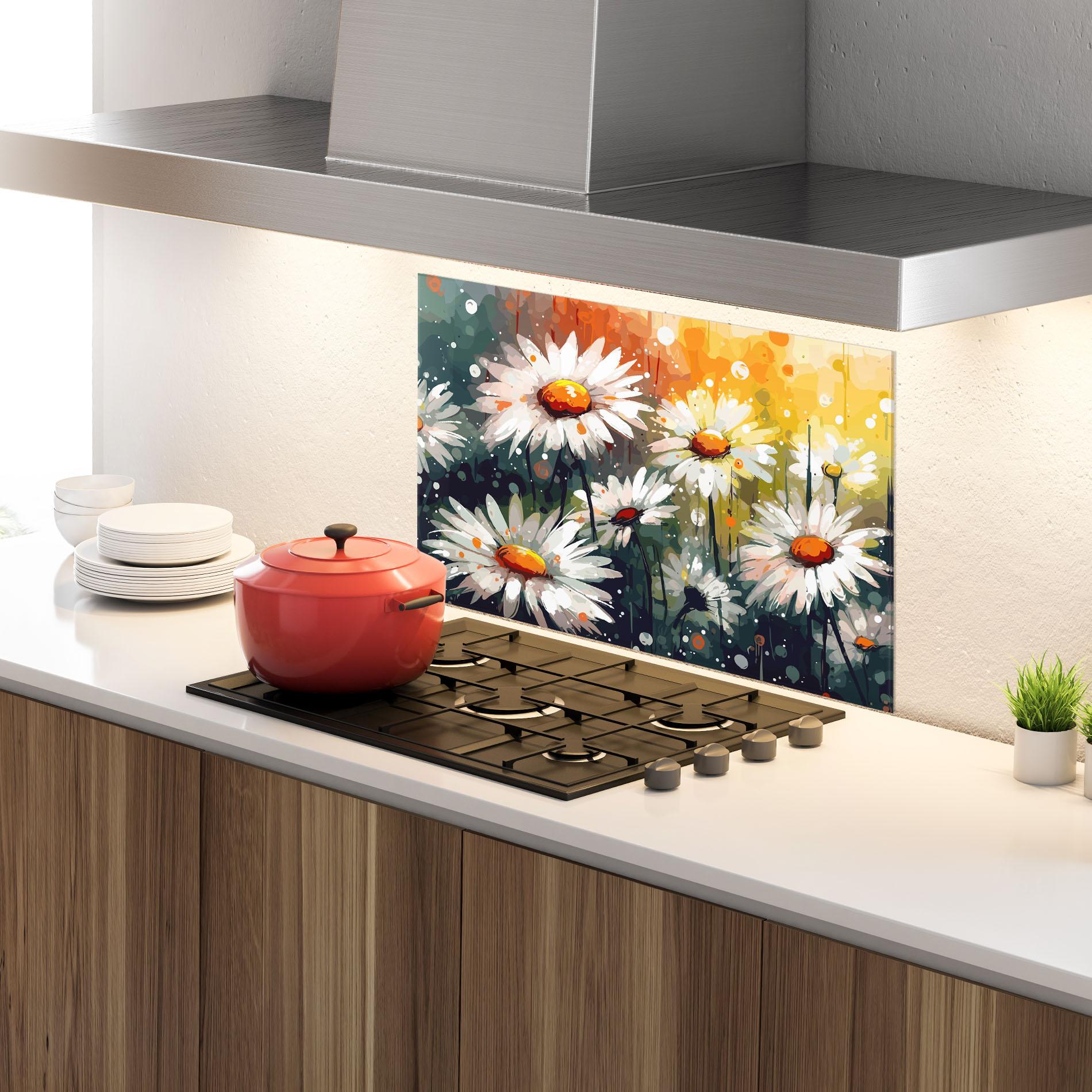 Küchenrückwand Glas Daisy Art mockup 4