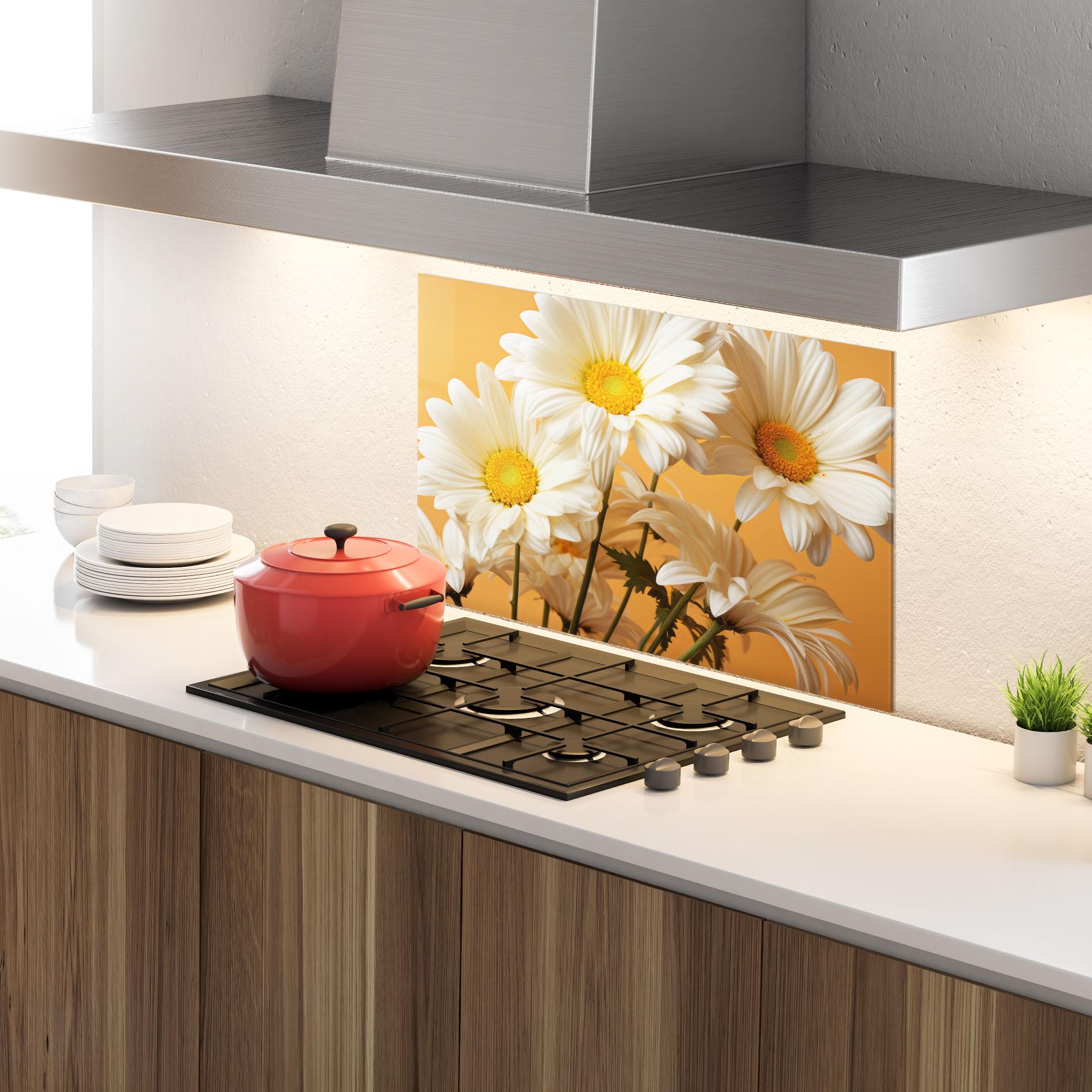 Küchenrückwand Glas Daisy On Orange mockup 4