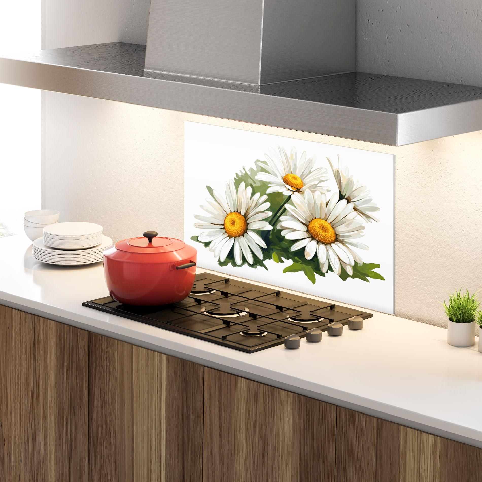 Küchenrückwand Glas Grey White Daisy mockup 4