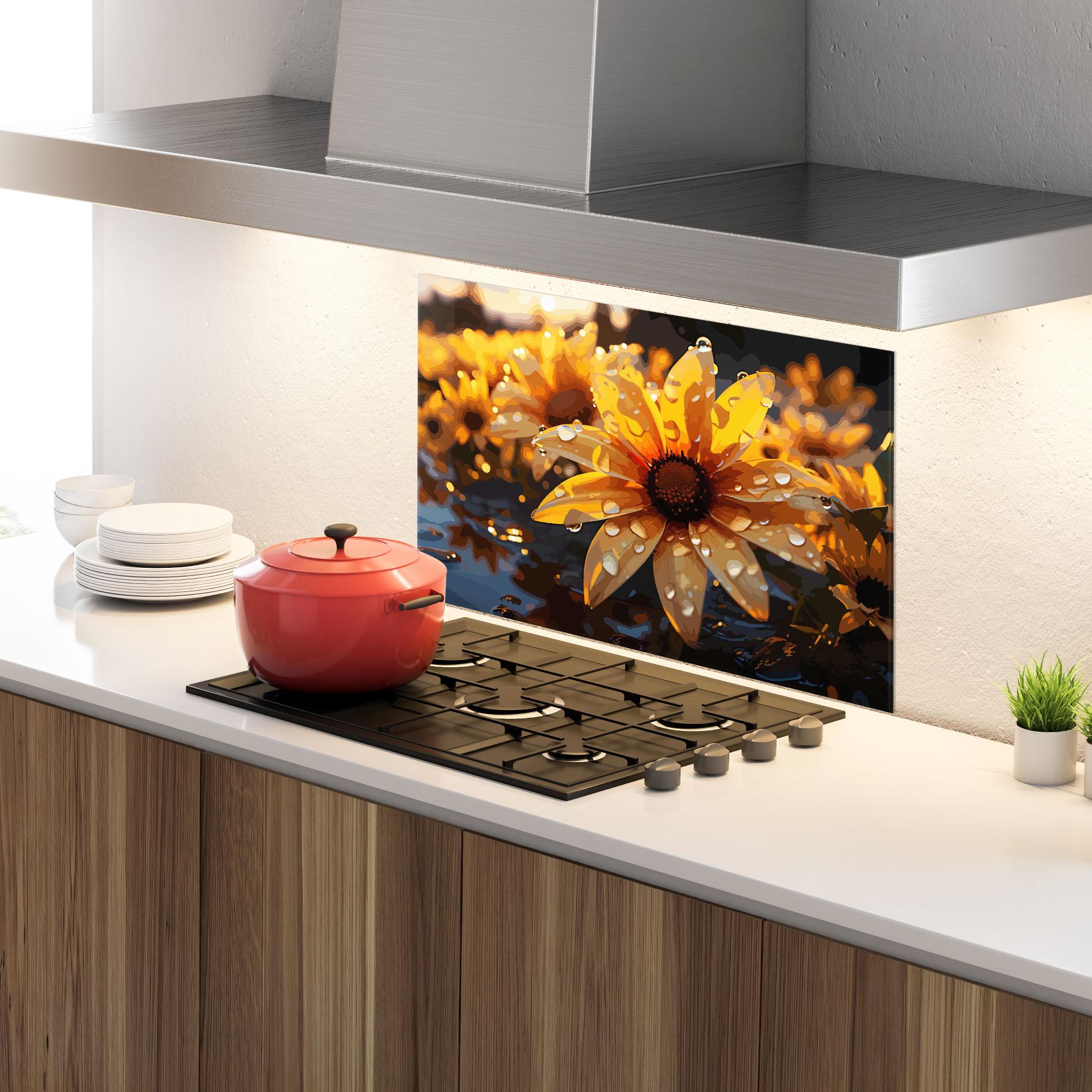 Küchenrückwand Glas Rainy Yellow Daisy mockup 4