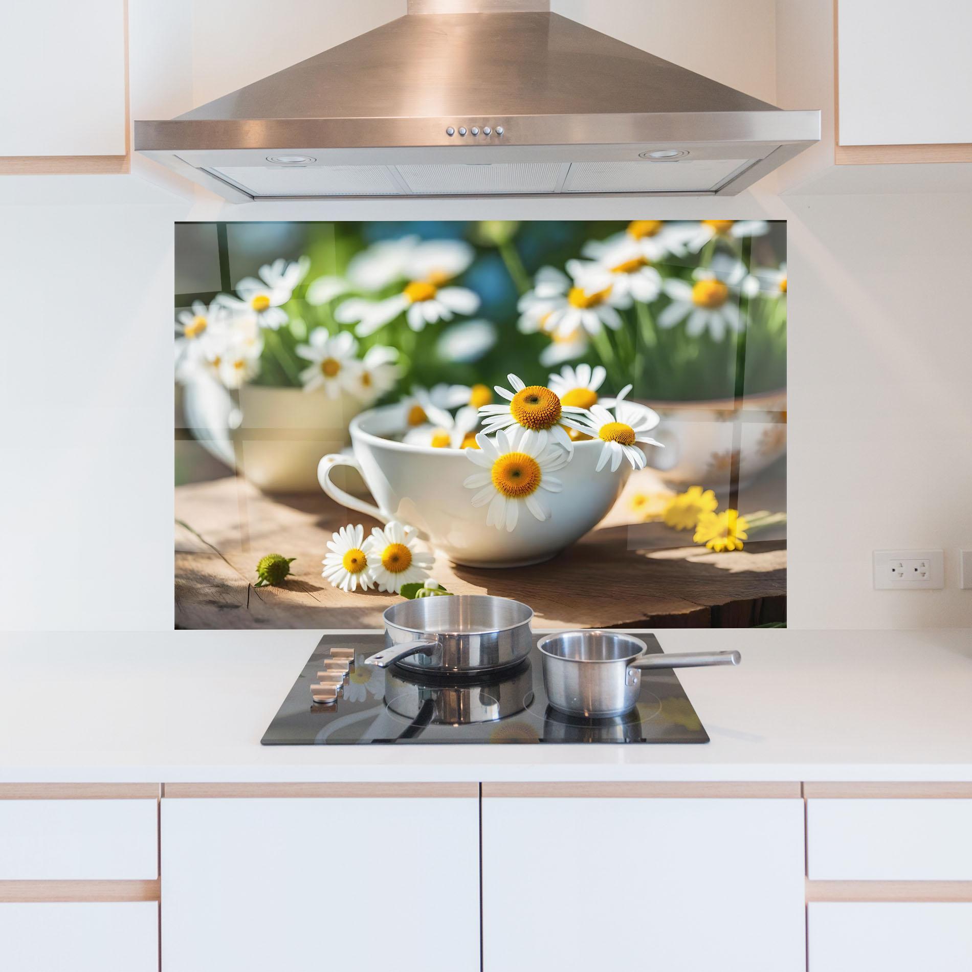 Küchenrückwand Glas Daisies In A Cup mockup 5