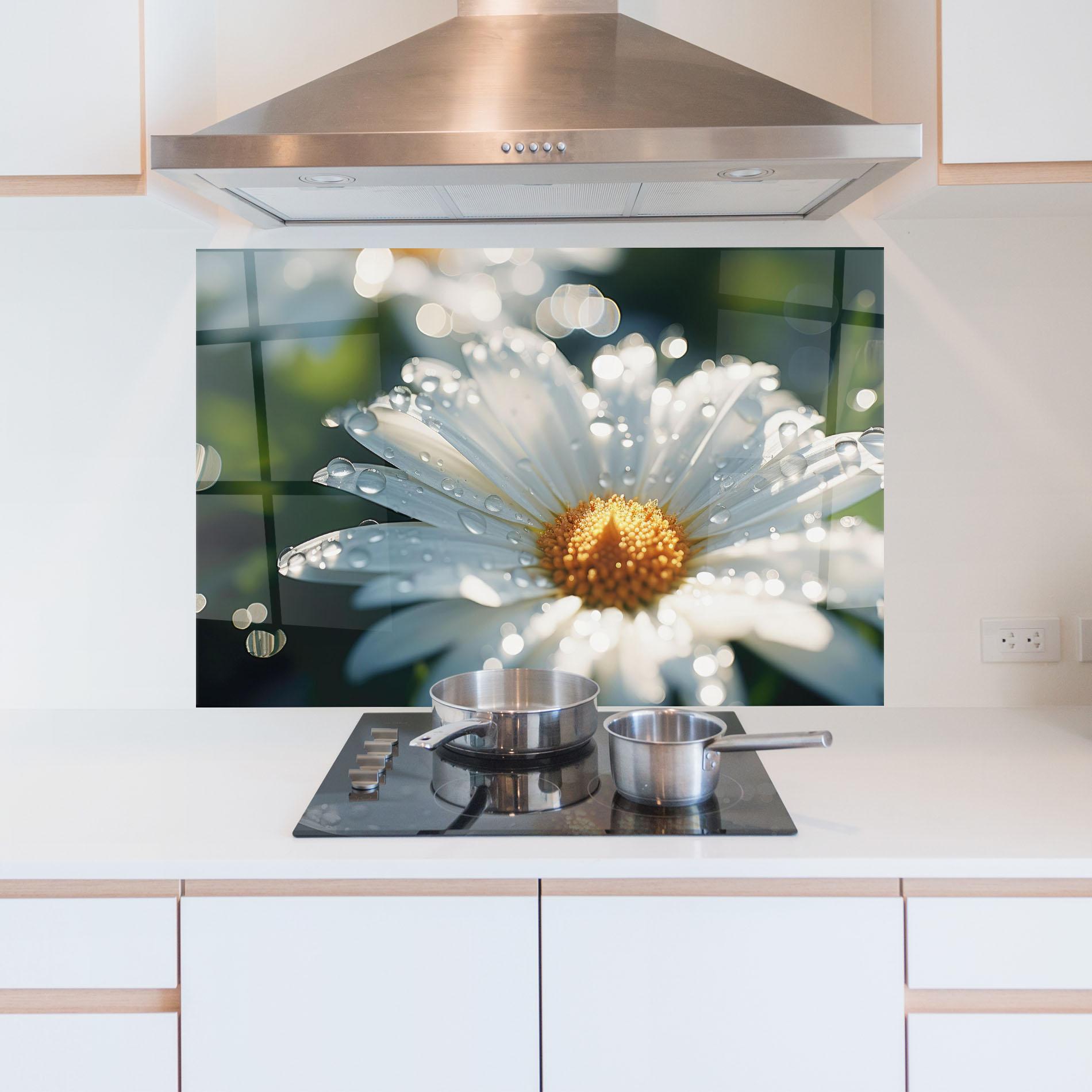 Küchenrückwand Glas Daisy After Rain Close Up mockup 5