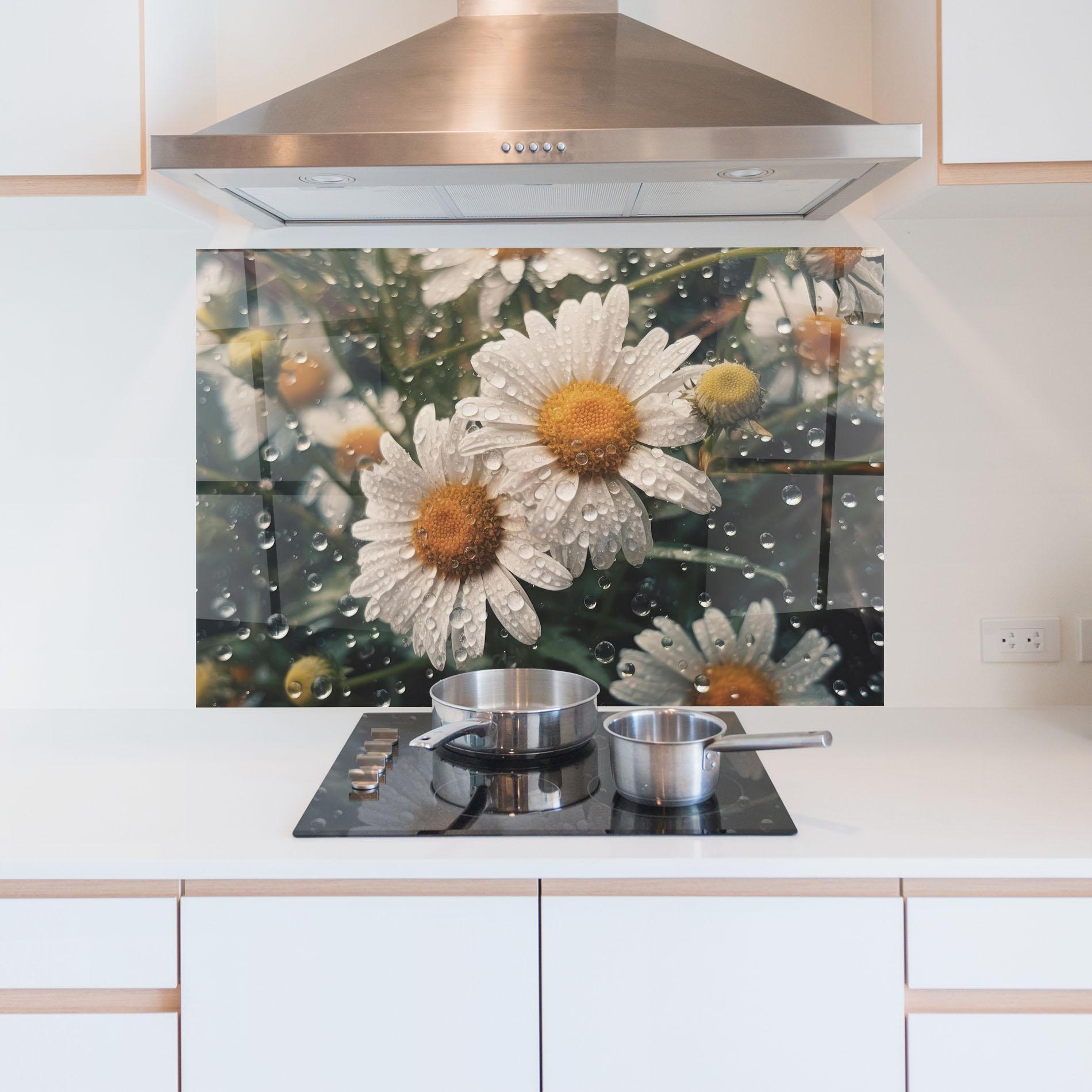 Küchenrückwand Glas Daisy View After Rain mockup 5