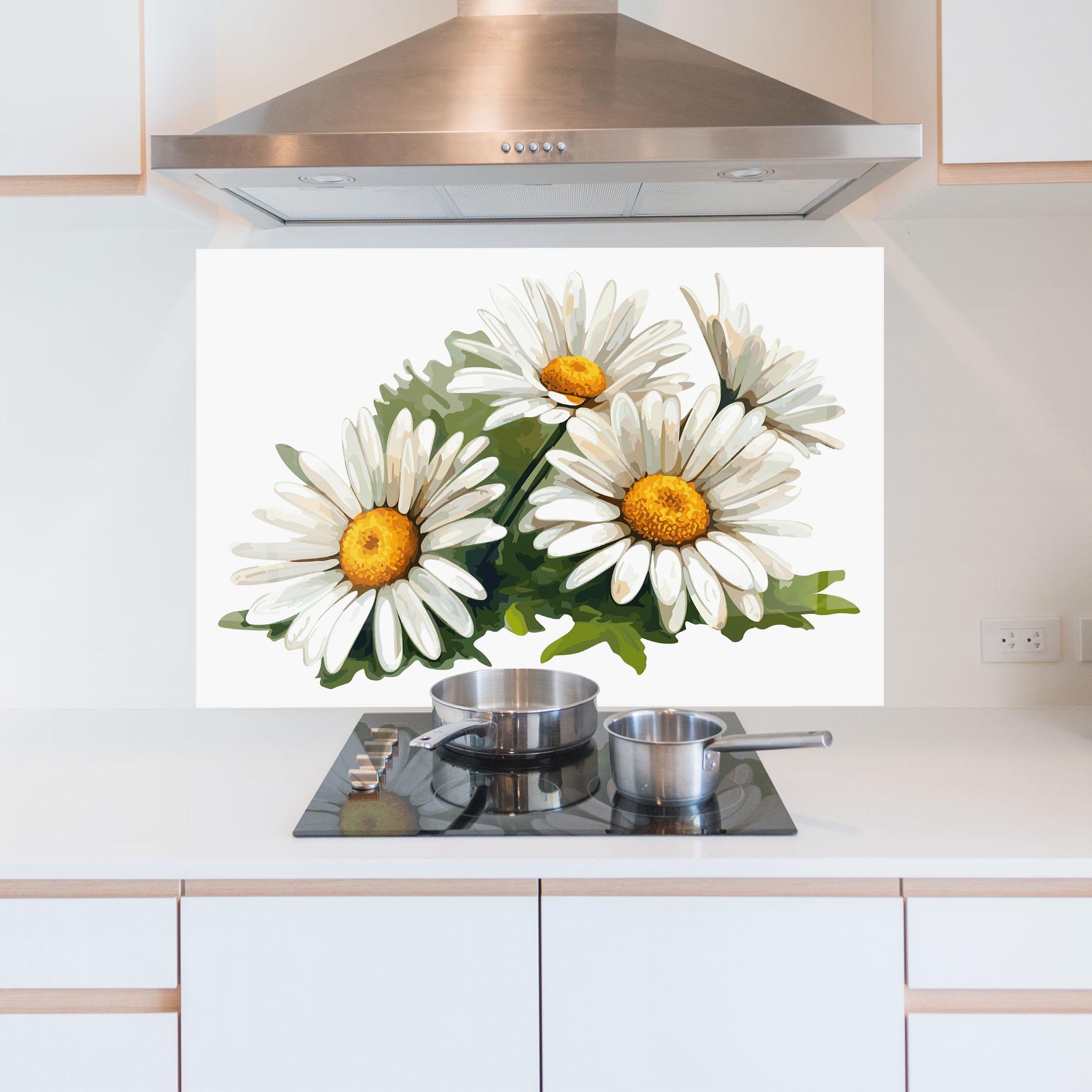 Küchenrückwand Glas Grey White Daisy mockup 5