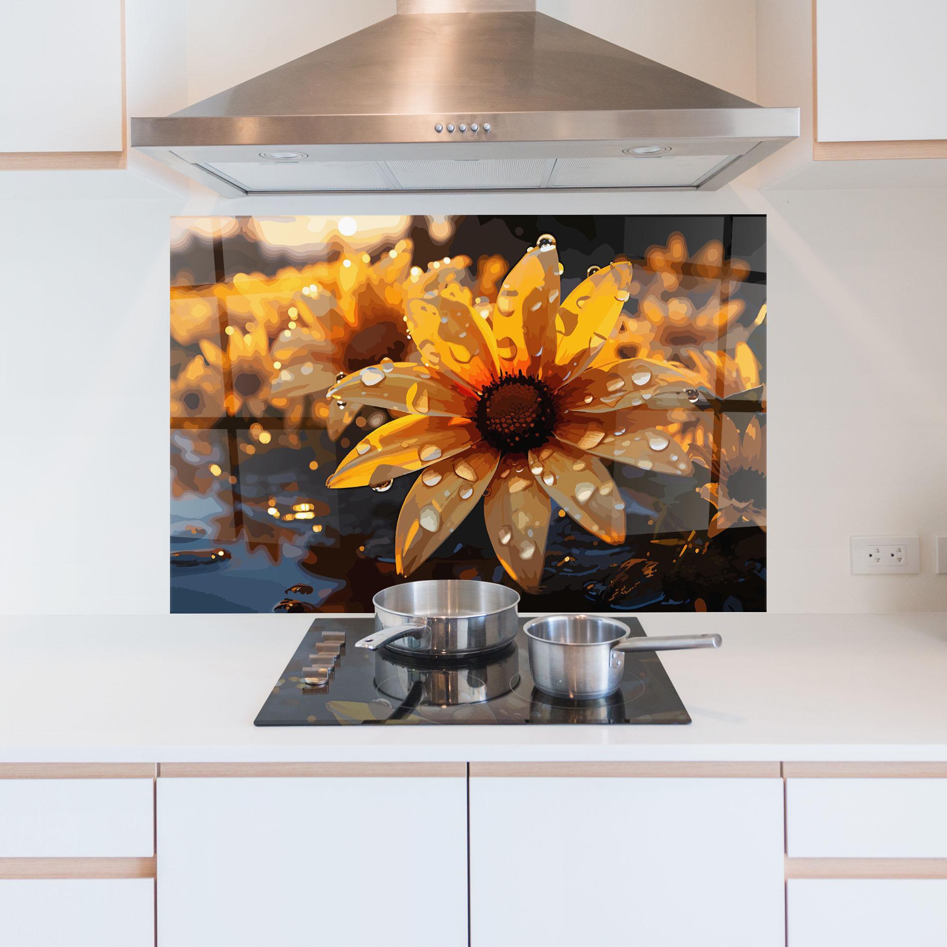 Küchenrückwand Glas Rainy Yellow Daisy mockup 5