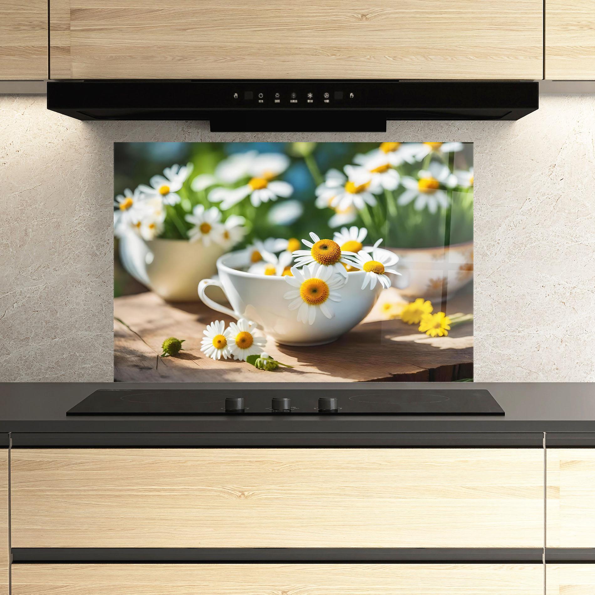 Küchenrückwand Glas Daisies In A Cup mockup 3