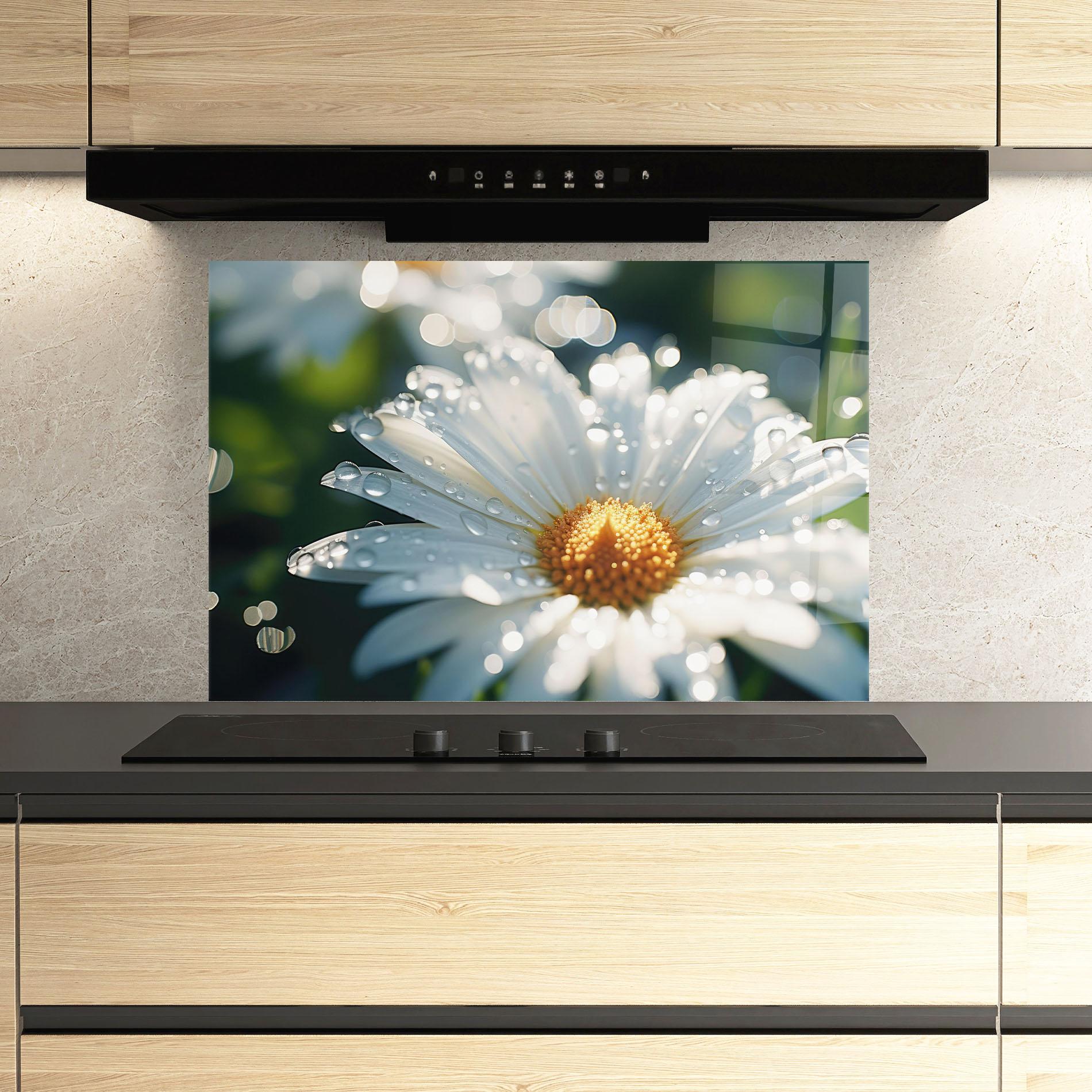 Küchenrückwand Glas Daisy After Rain Close Up mockup 3