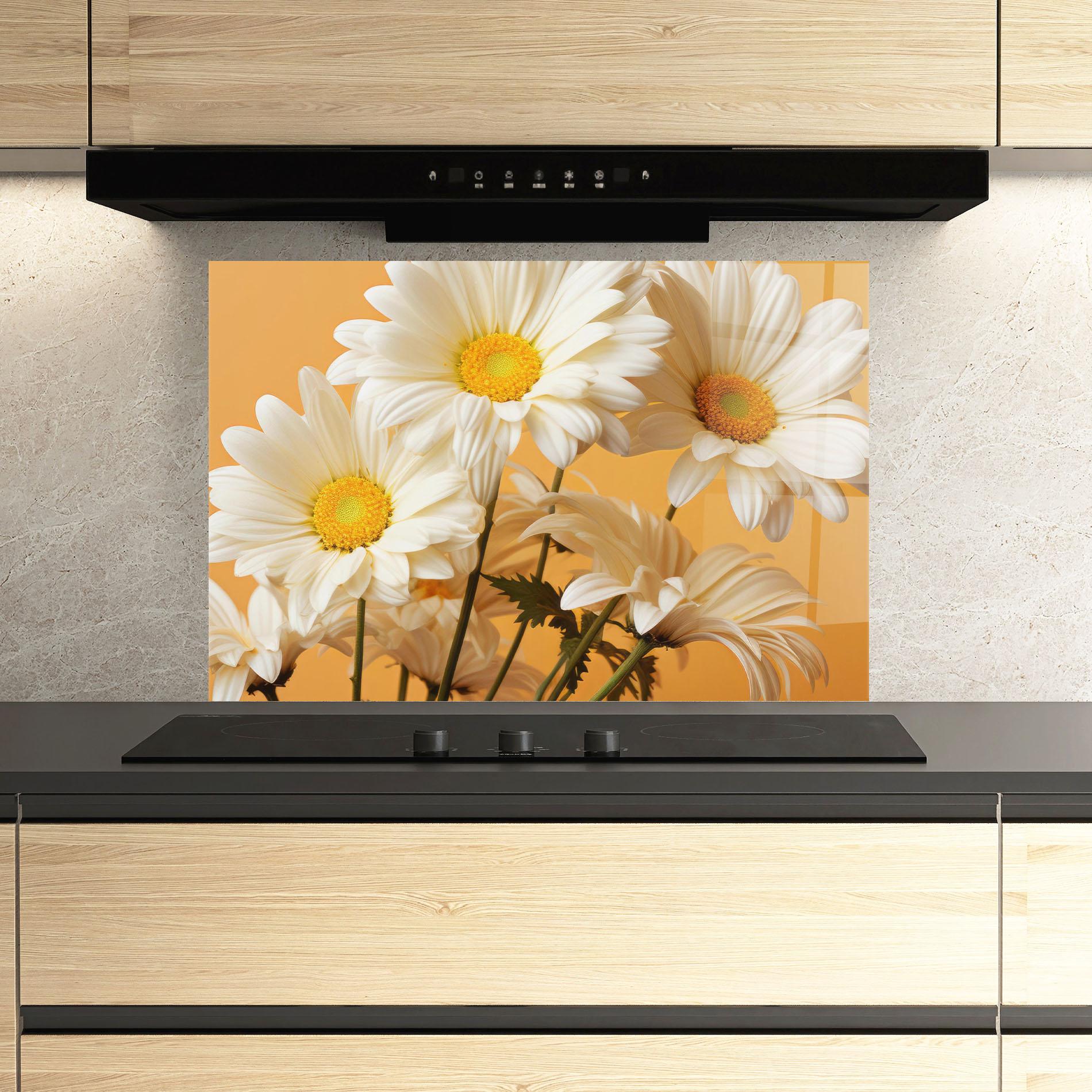 Küchenrückwand Glas Daisy On Orange mockup 3