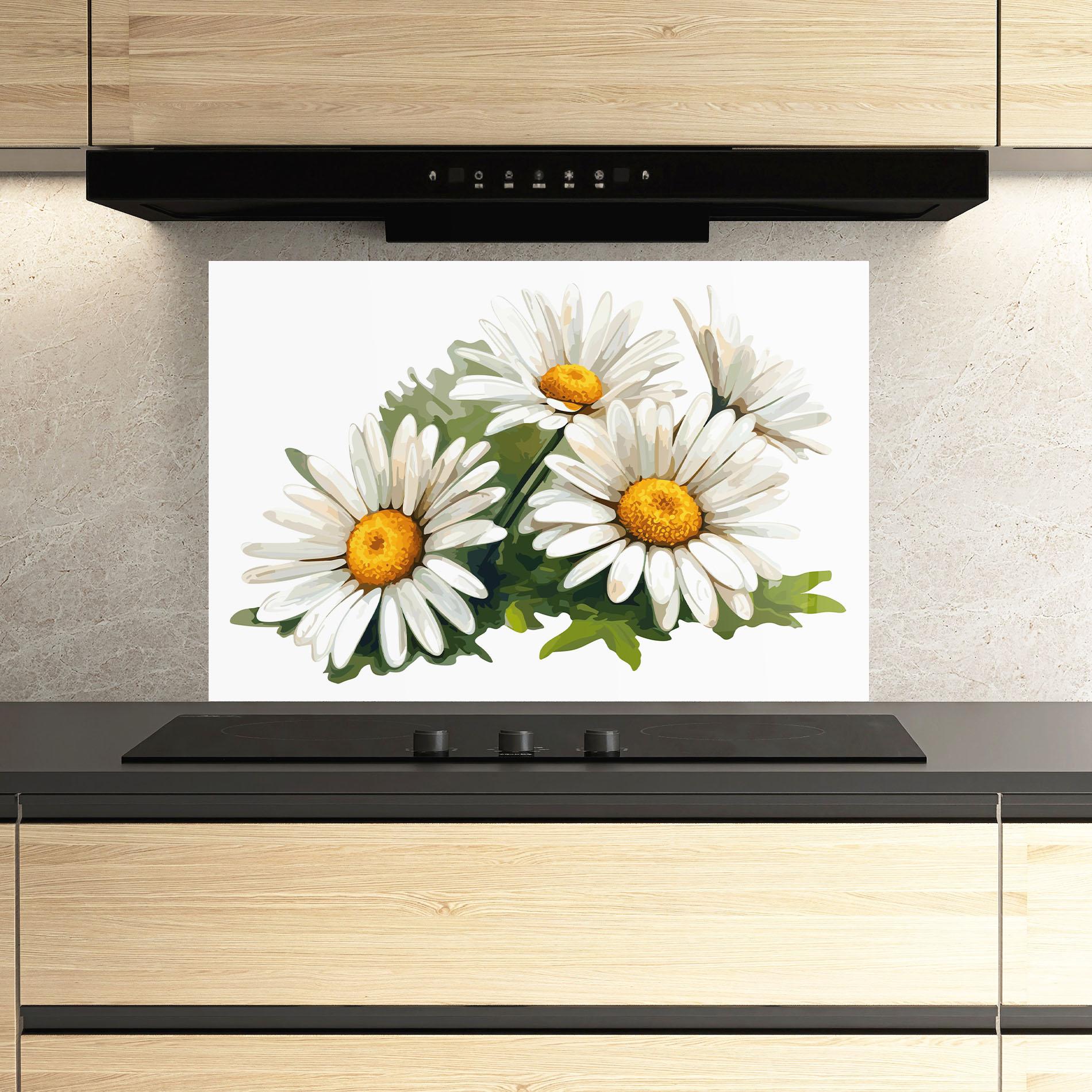Küchenrückwand Glas Grey White Daisy mockup 3