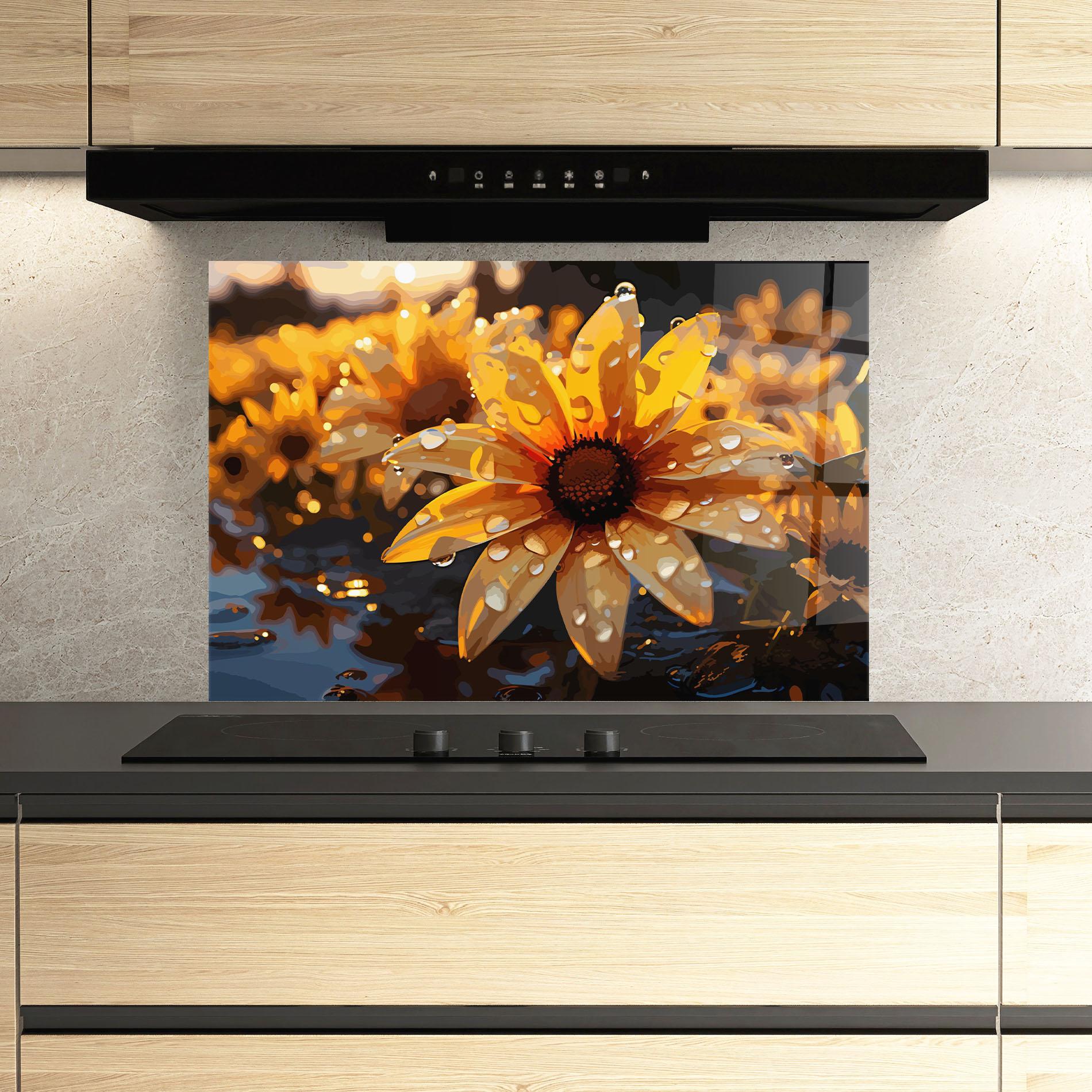 Küchenrückwand Glas Rainy Yellow Daisy mockup 3