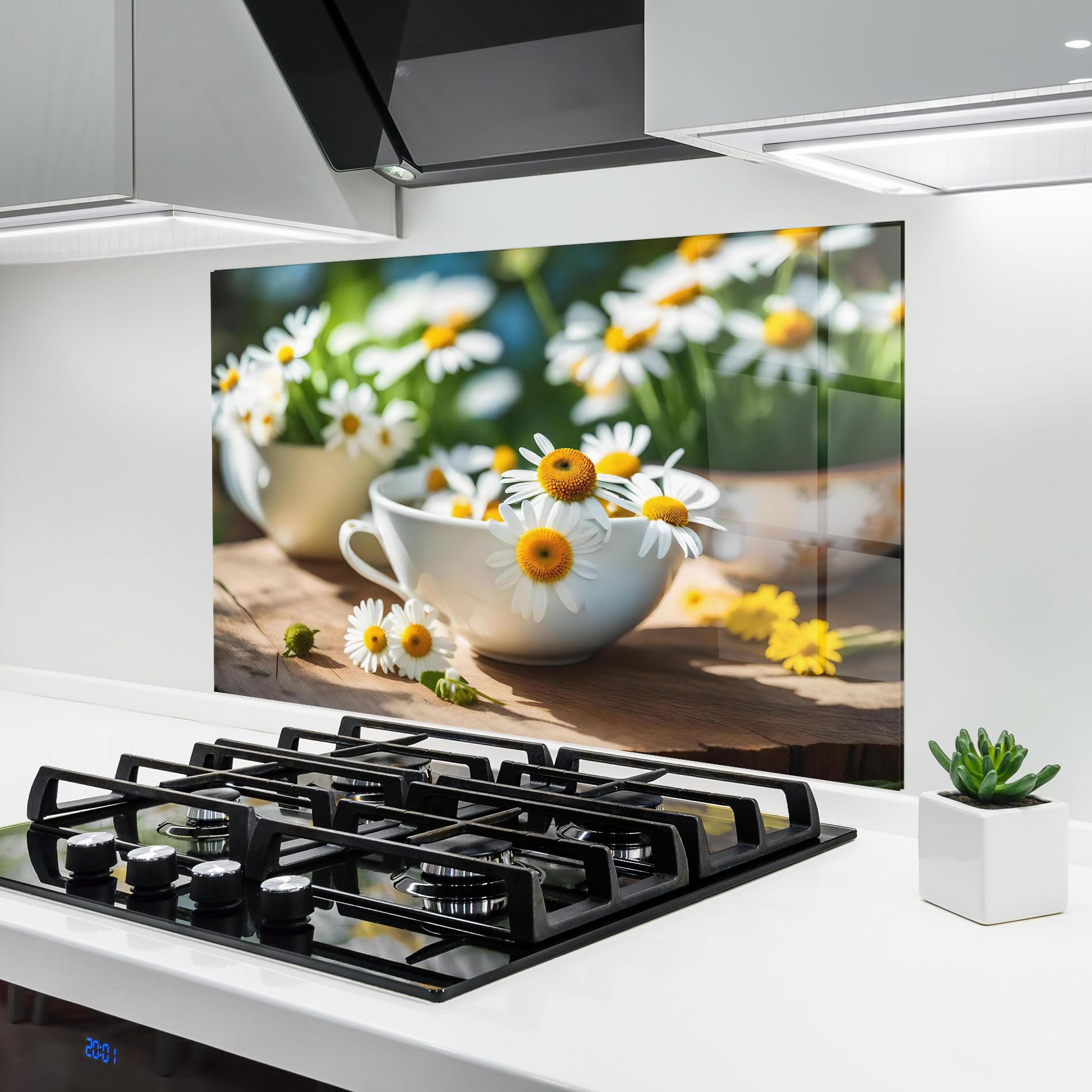 Küchenrückwand Glas Daisies In A Cup mockup 6