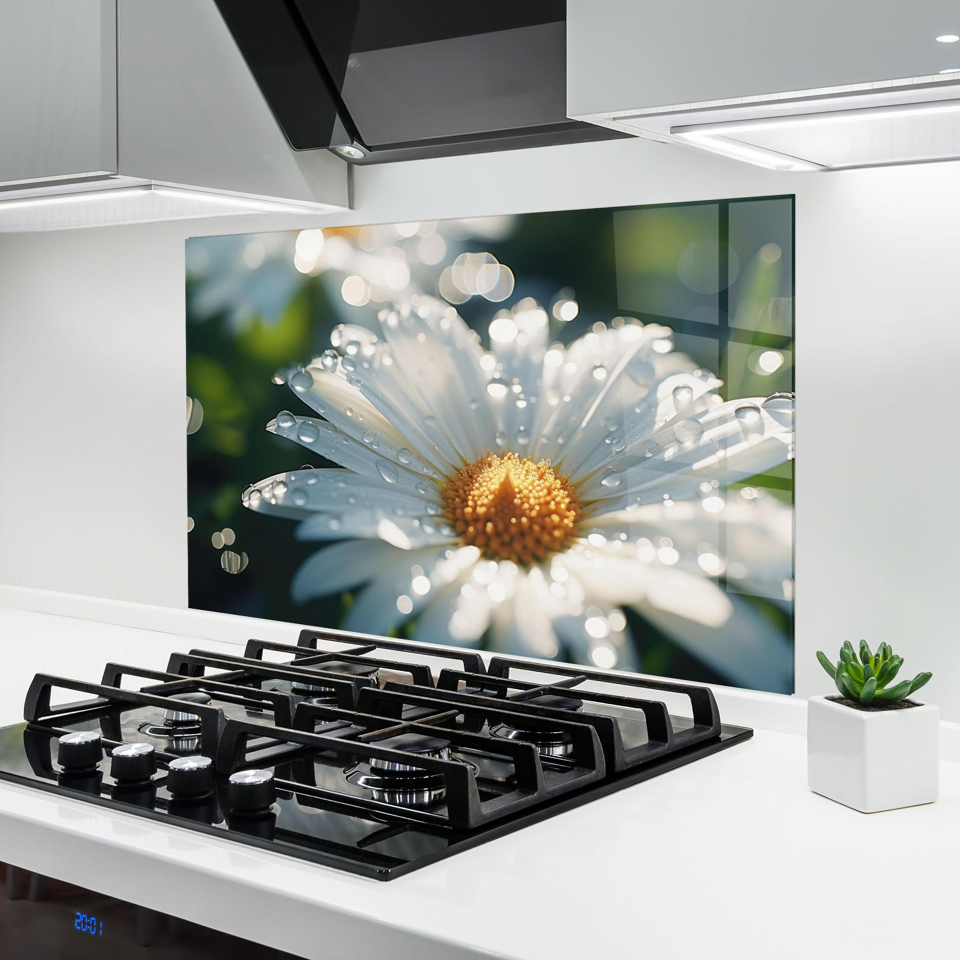 Küchenrückwand Glas Daisy After Rain Close Up mockup 6