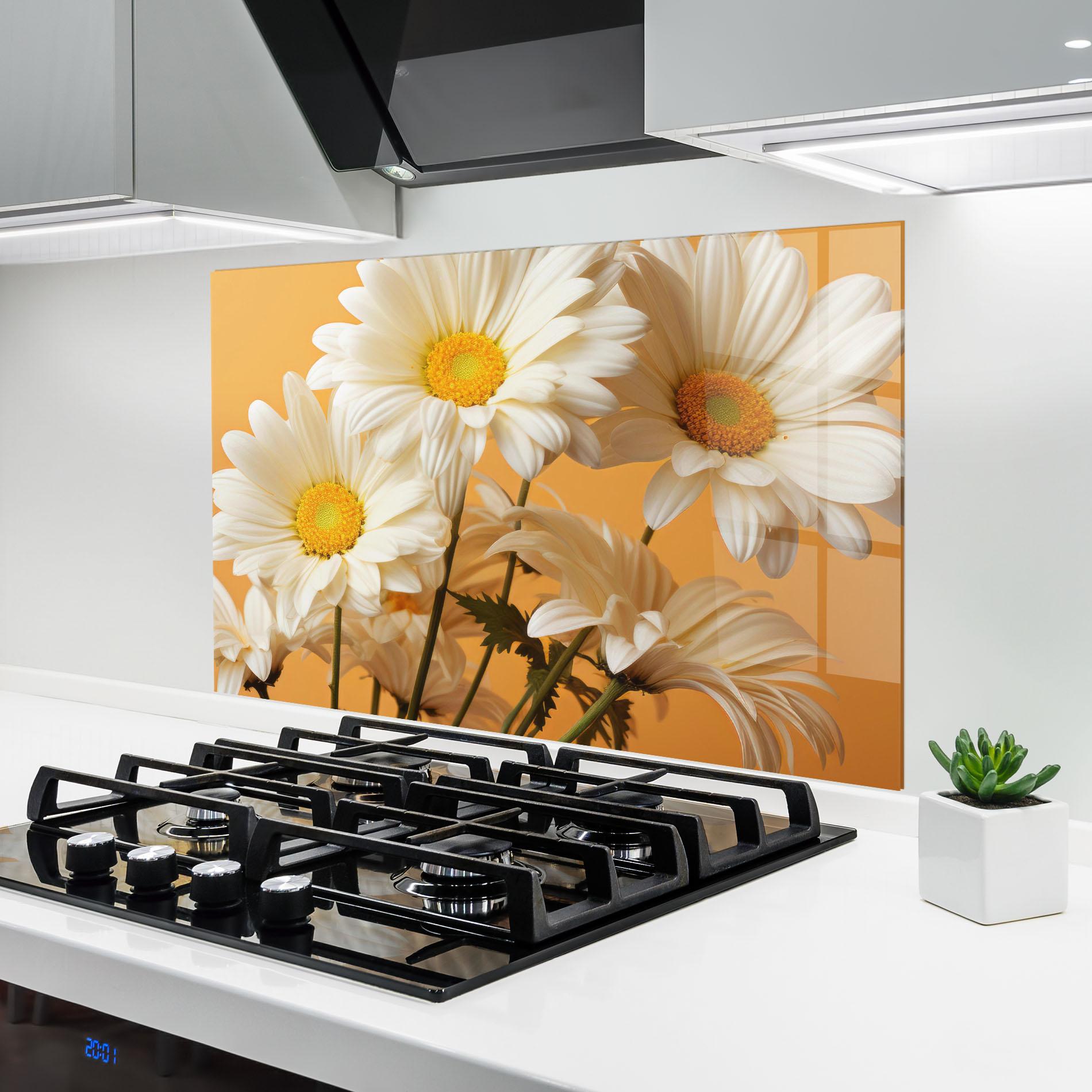 Küchenrückwand Glas Daisy On Orange mockup 6