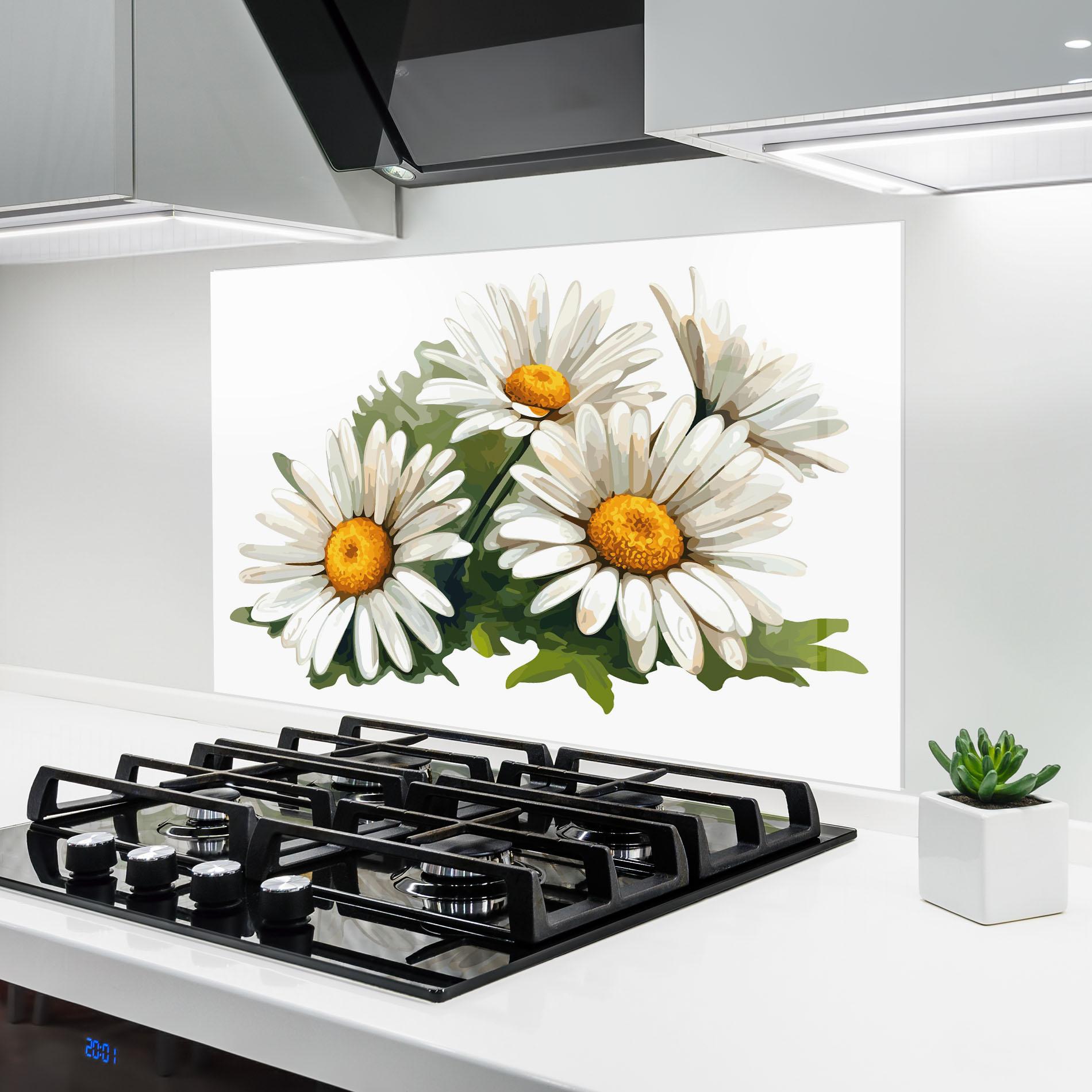 Küchenrückwand Glas Grey White Daisy mockup 6