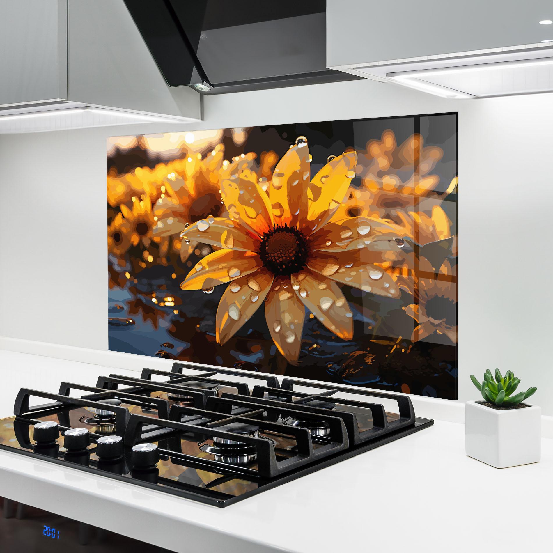 Küchenrückwand Glas Rainy Yellow Daisy mockup 6