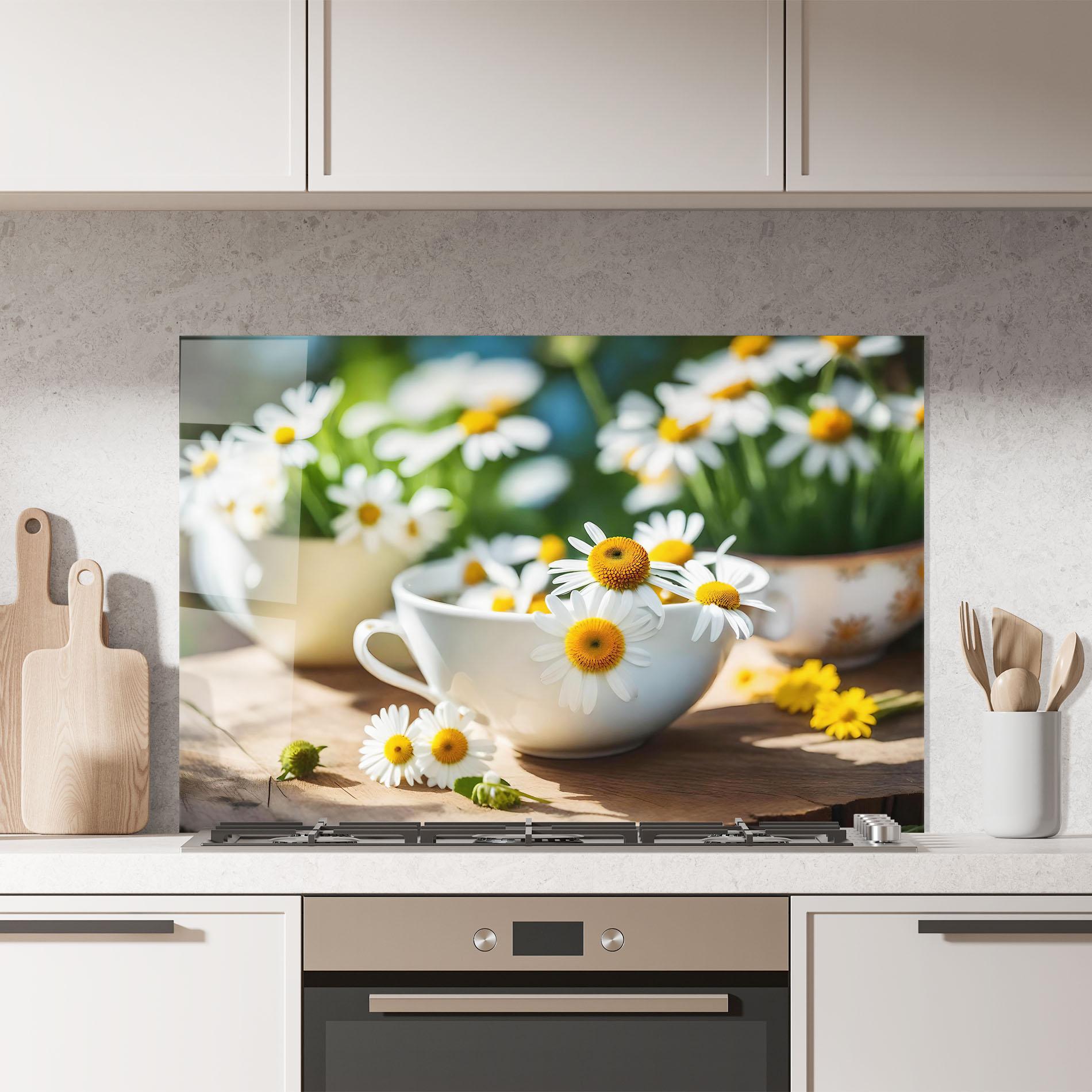 Küchenrückwand Glas Daisies In A Cup mockup 7