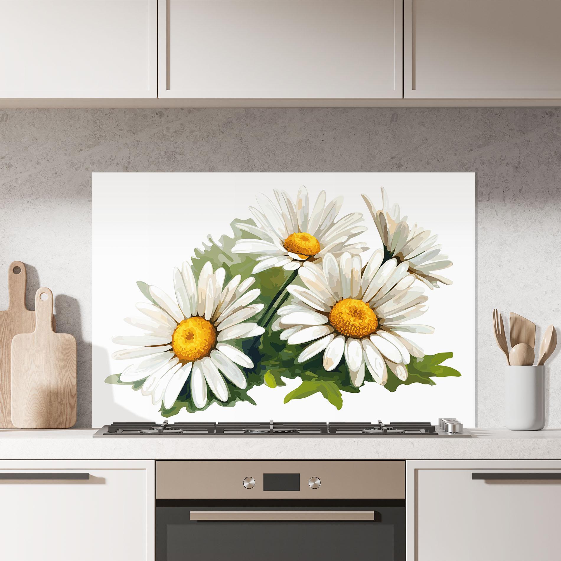 Küchenrückwand Glas Grey White Daisy mockup 7