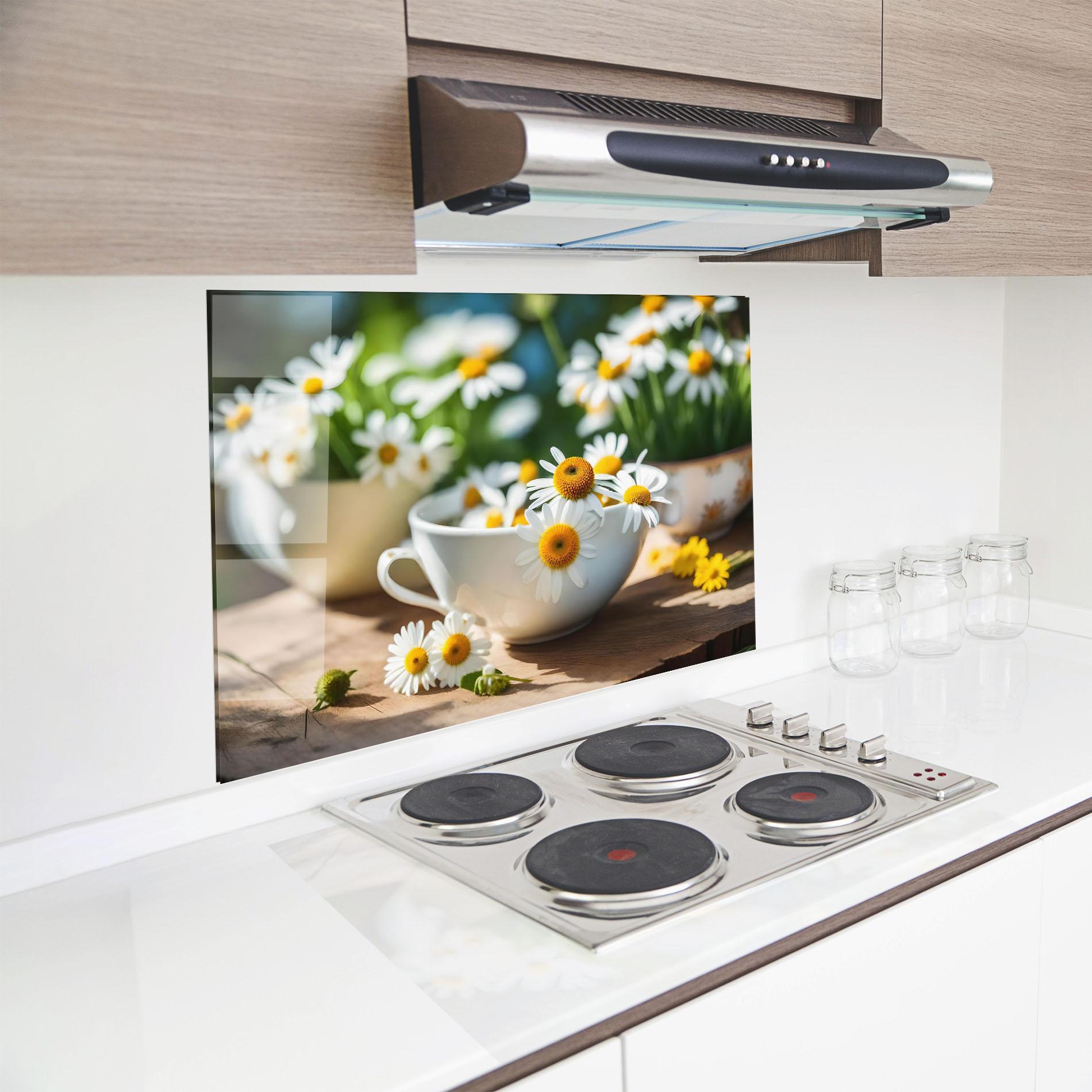 Küchenrückwand Glas Daisies In A Cup mockup 8