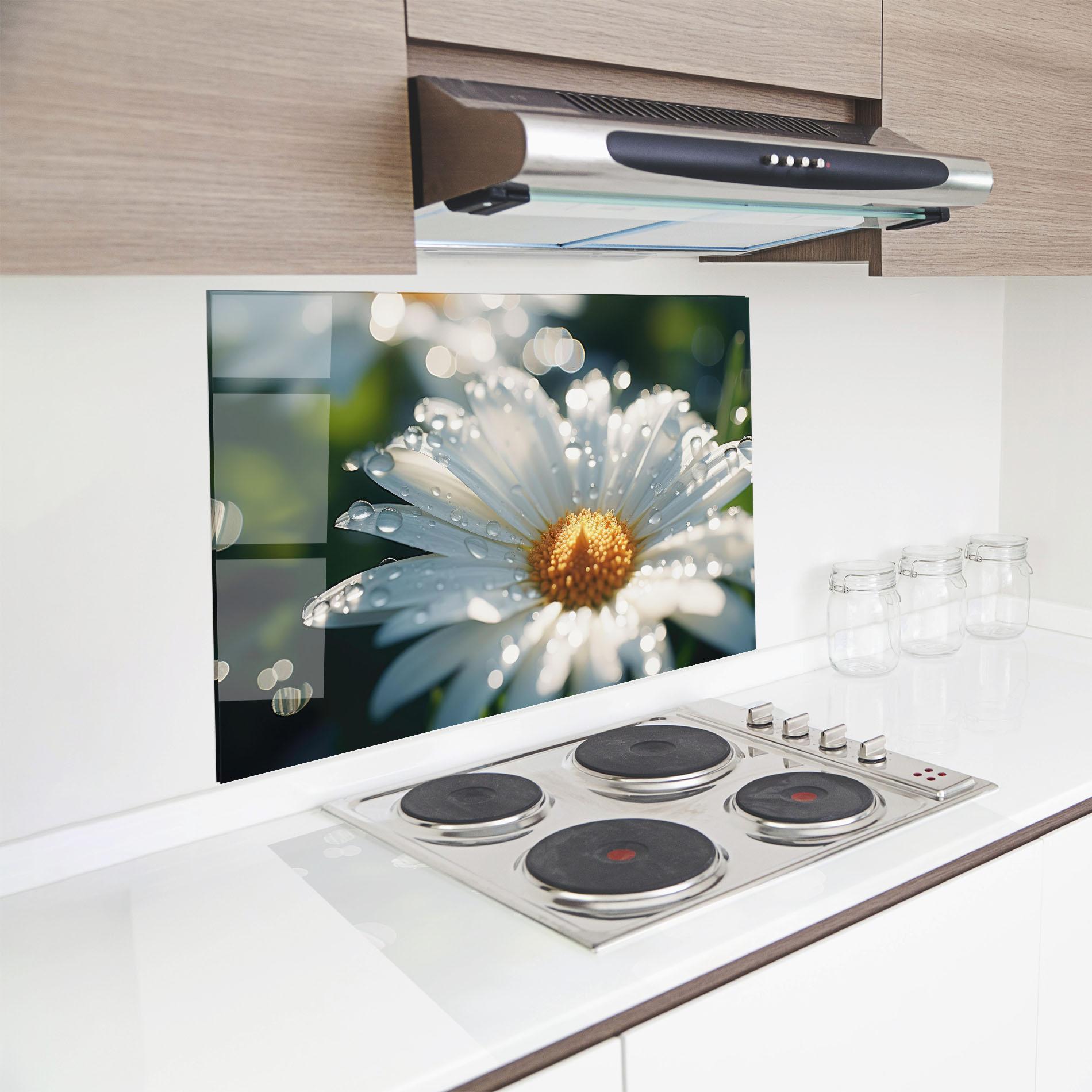 Küchenrückwand Glas Daisy After Rain Close Up mockup 8