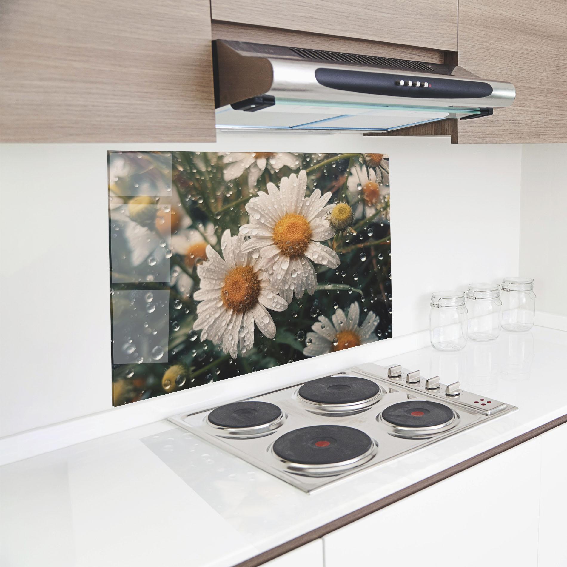 Küchenrückwand Glas Daisy View After Rain mockup 8