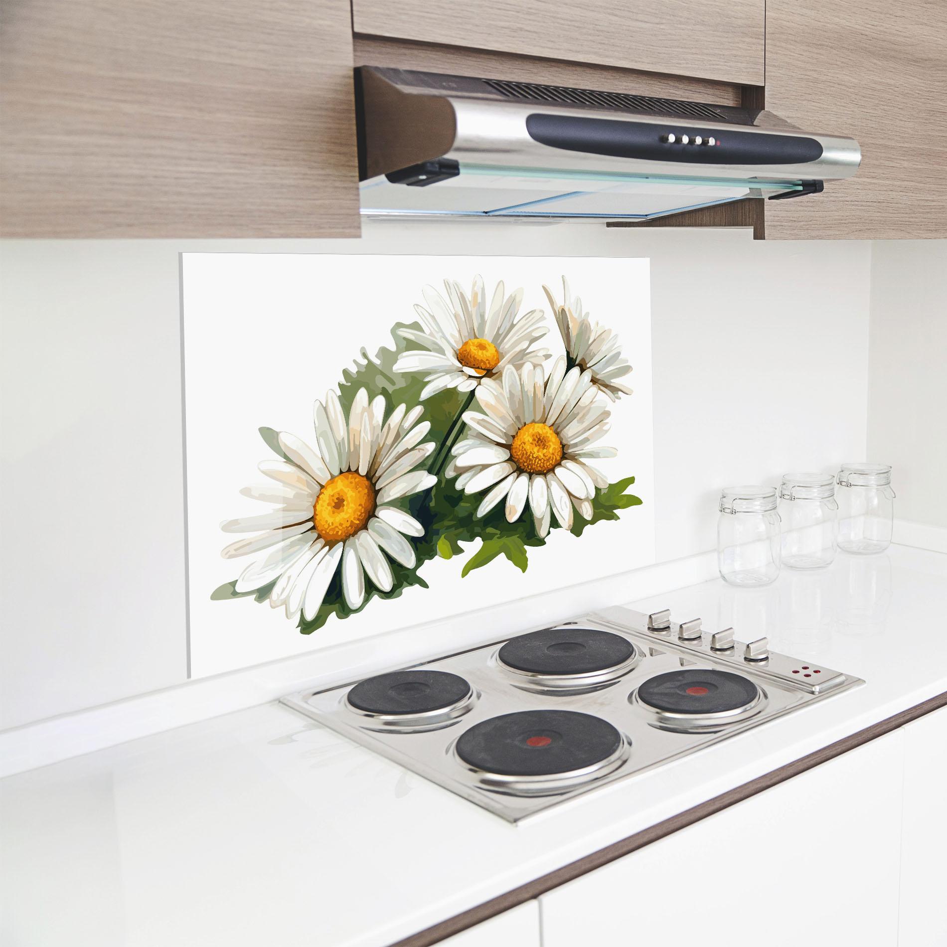 Küchenrückwand Glas Grey White Daisy mockup 8