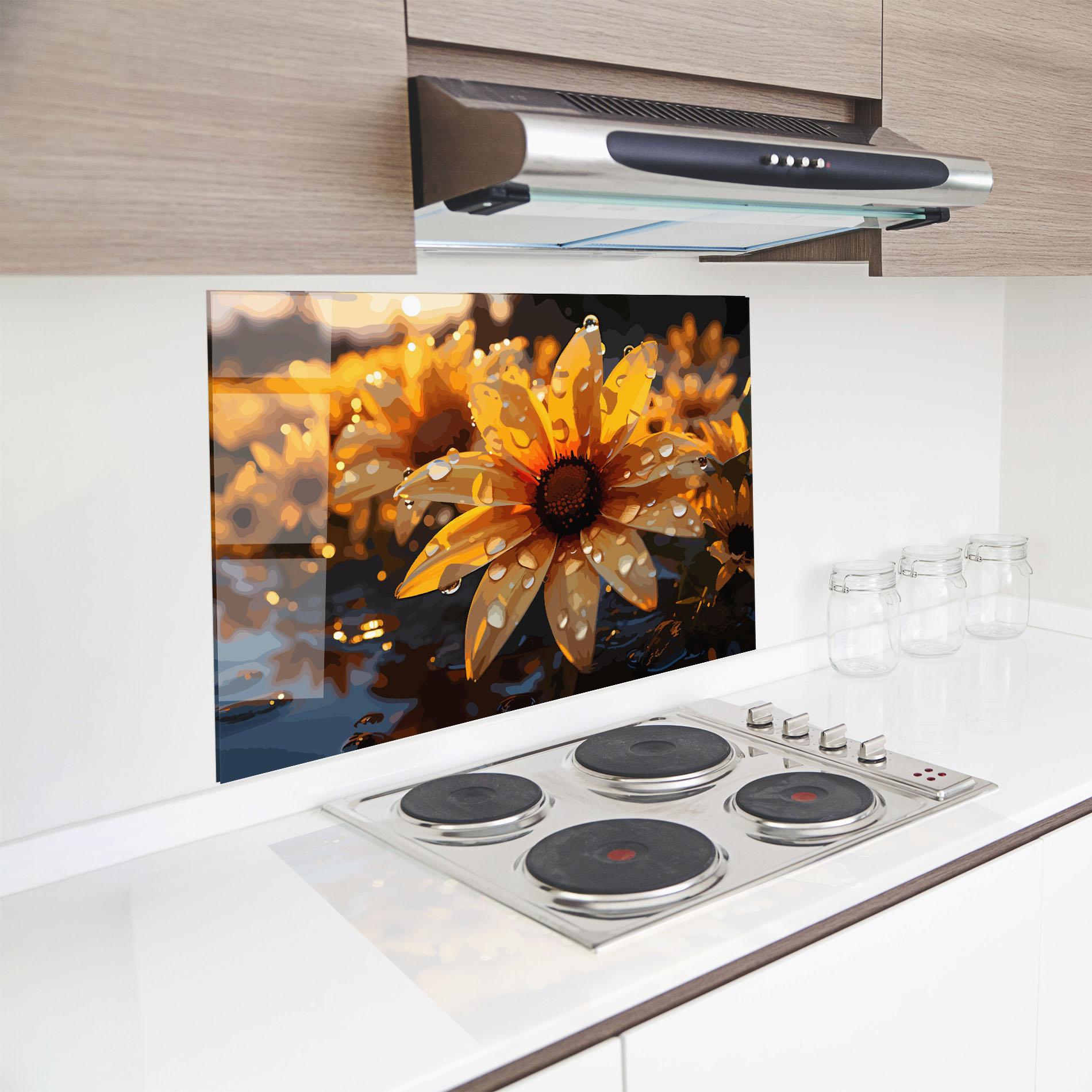 Küchenrückwand Glas Rainy Yellow Daisy mockup 8