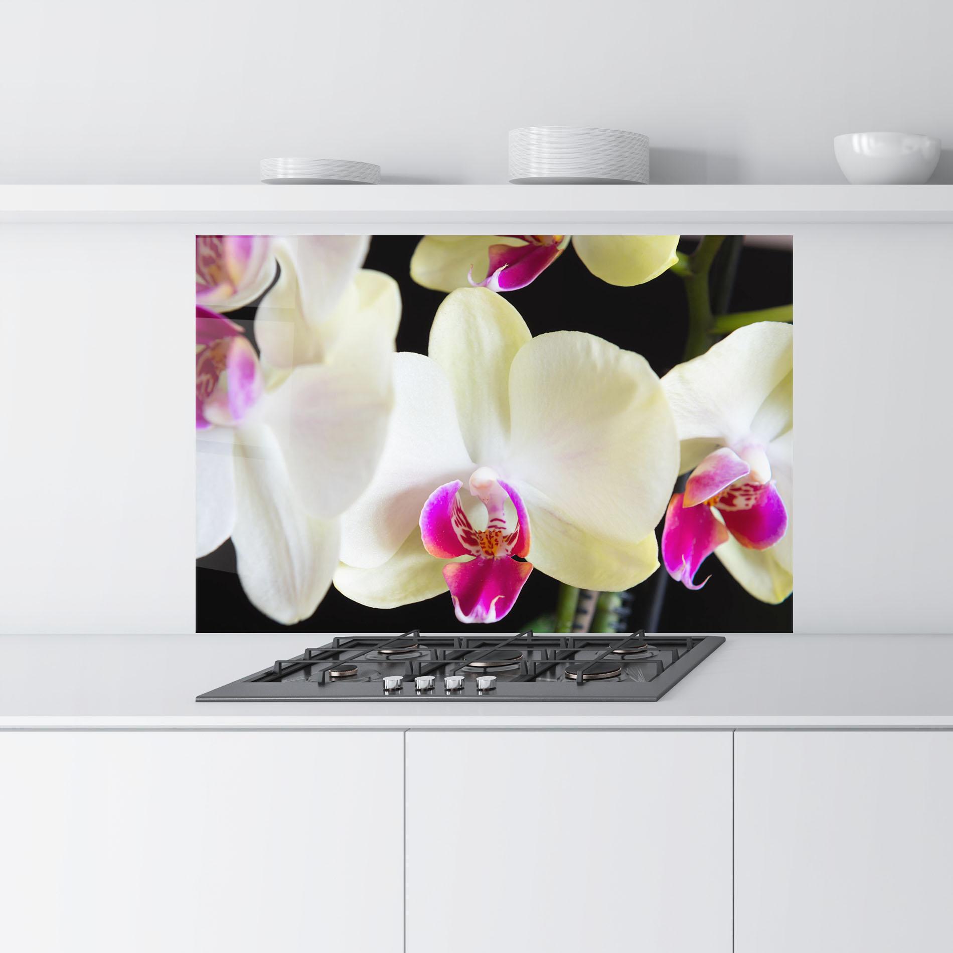 Küchenrückwand Glas Cream Purple Orchids mockup 9