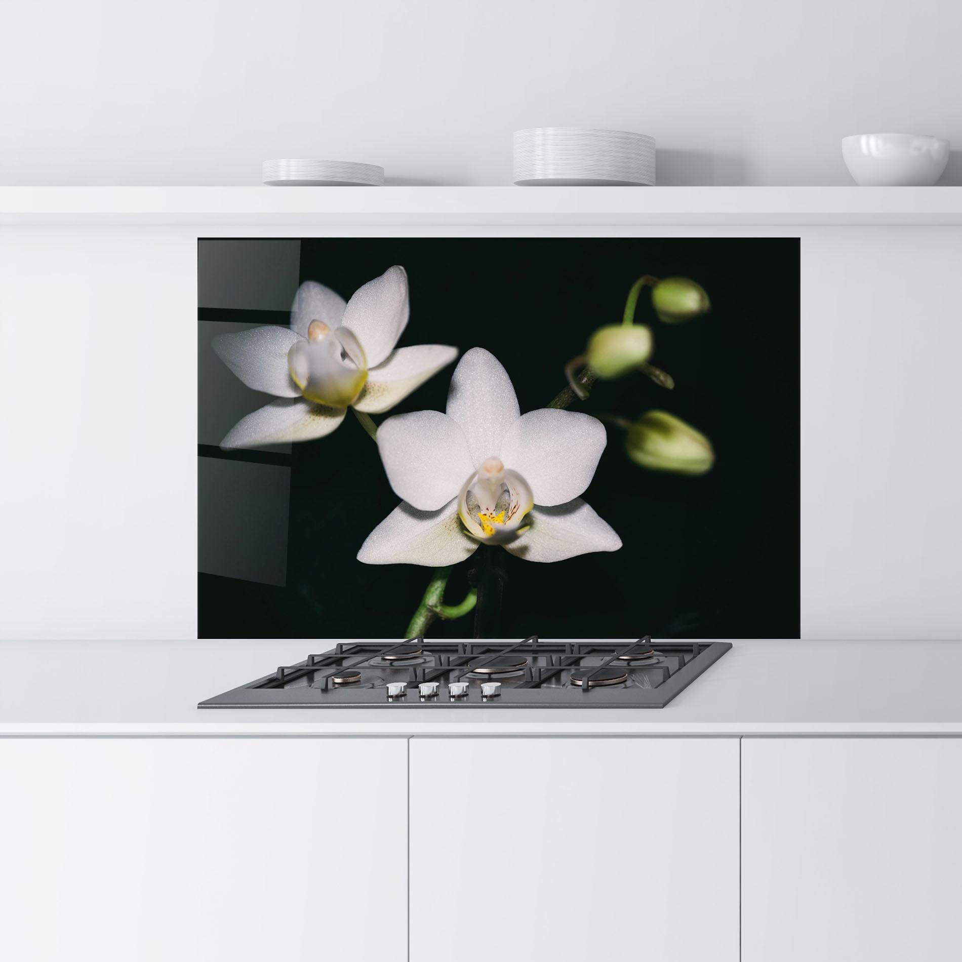 Küchenrückwand Glas Orchids On Black mockup 9