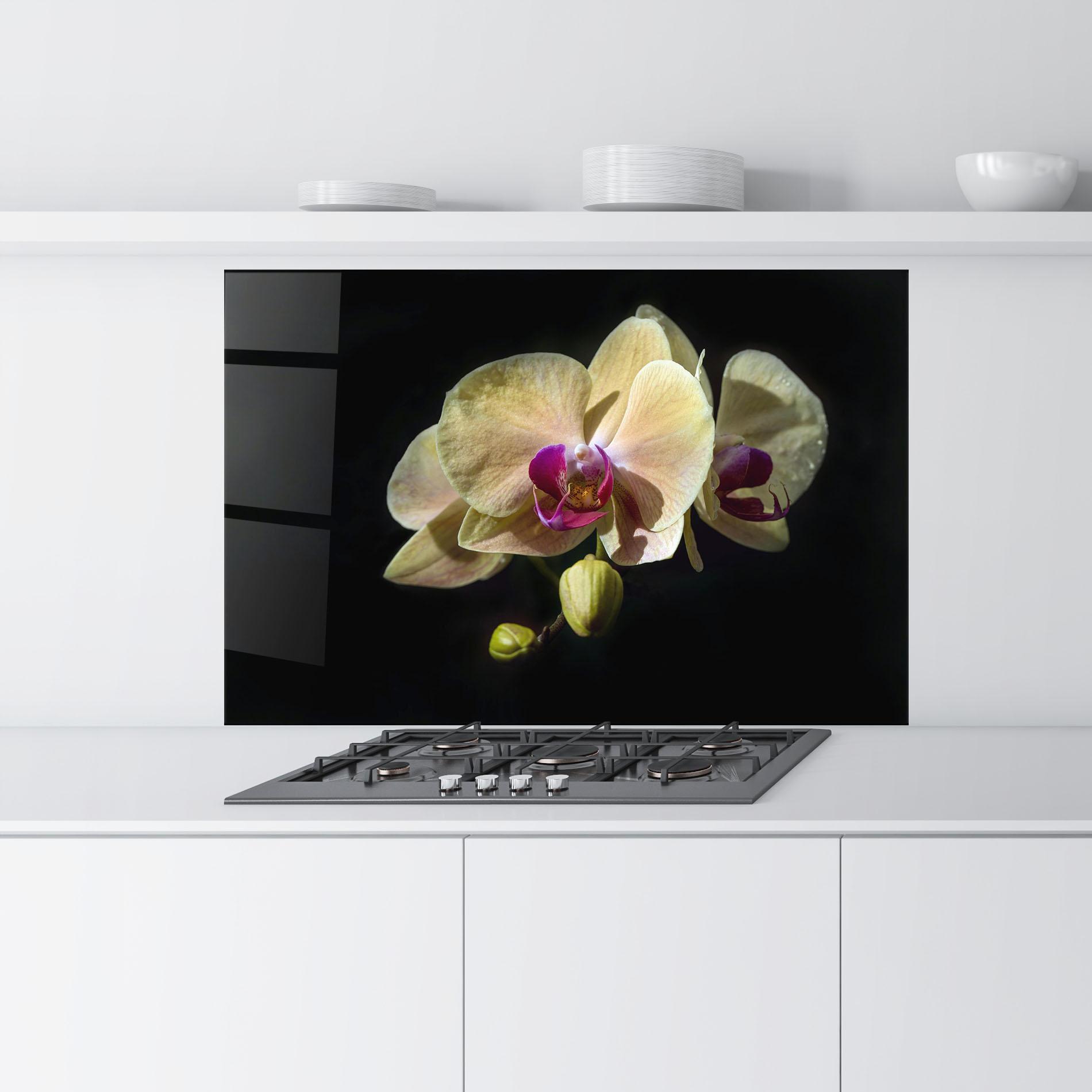 Küchenrückwand Glas Pastel Yellow Orchids mockup 9