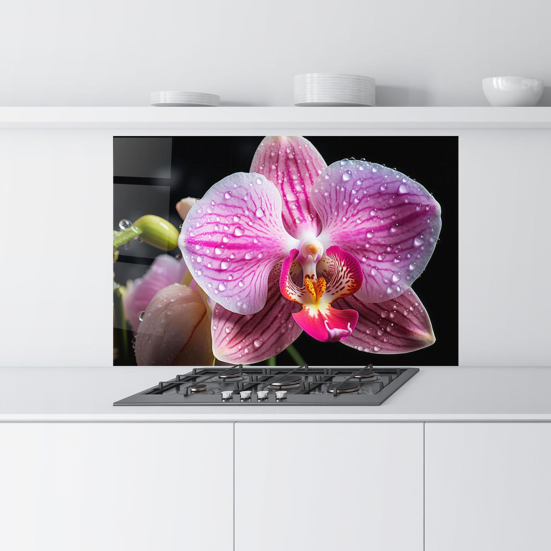 Küchenrückwand Glas Pretty Orchid After Rain mockup 9