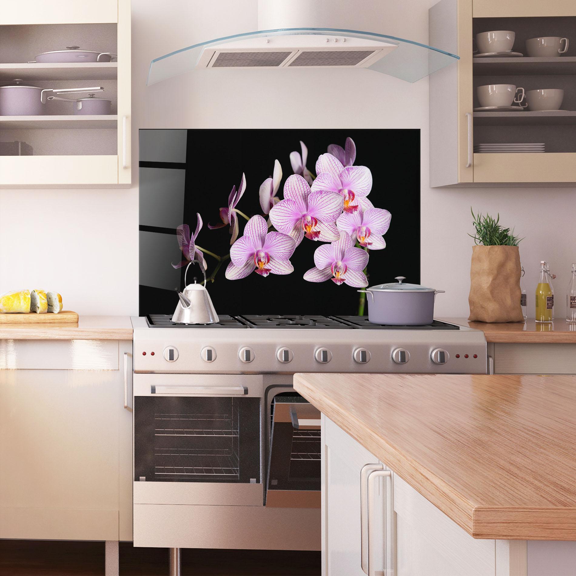 Küchenrückwand Glas Beautiful Orchids On Black mockup 1