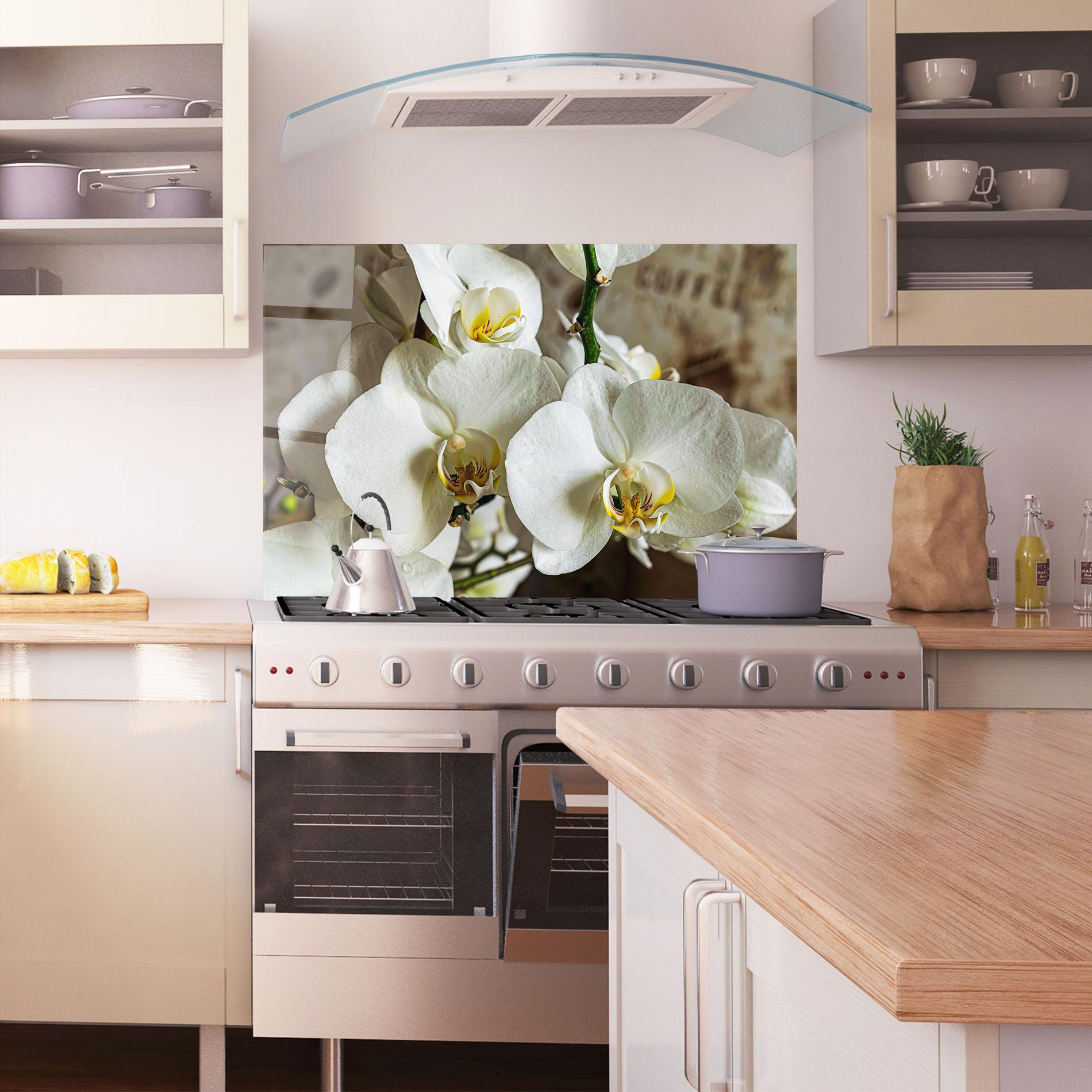 Küchenrückwand Glas Beautiful White Orchids mockup 1