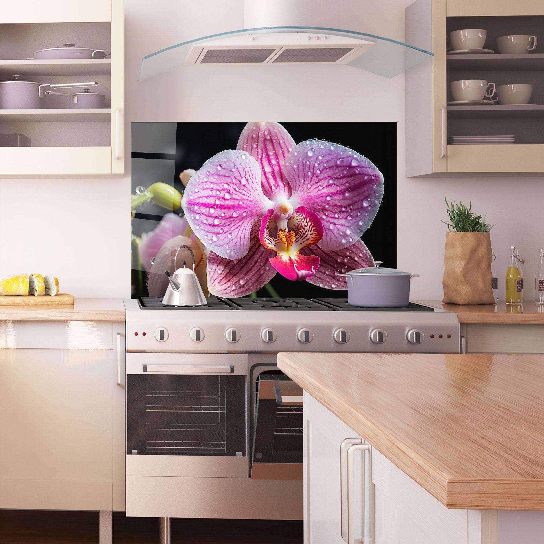Küchenrückwand Glas Pretty Orchid After Rain mockup 1