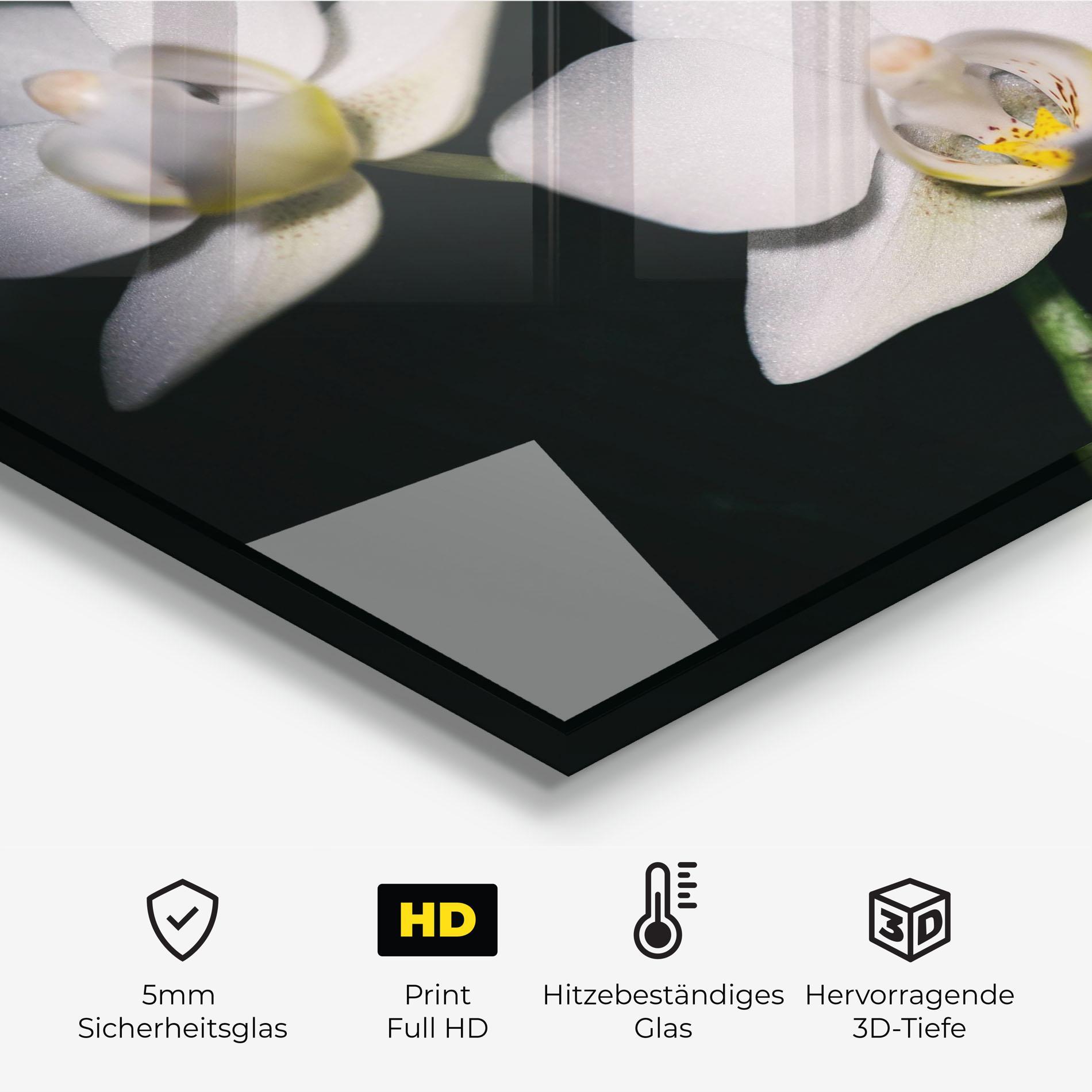 Küchenrückwand Glas Orchids On Black mockup 2