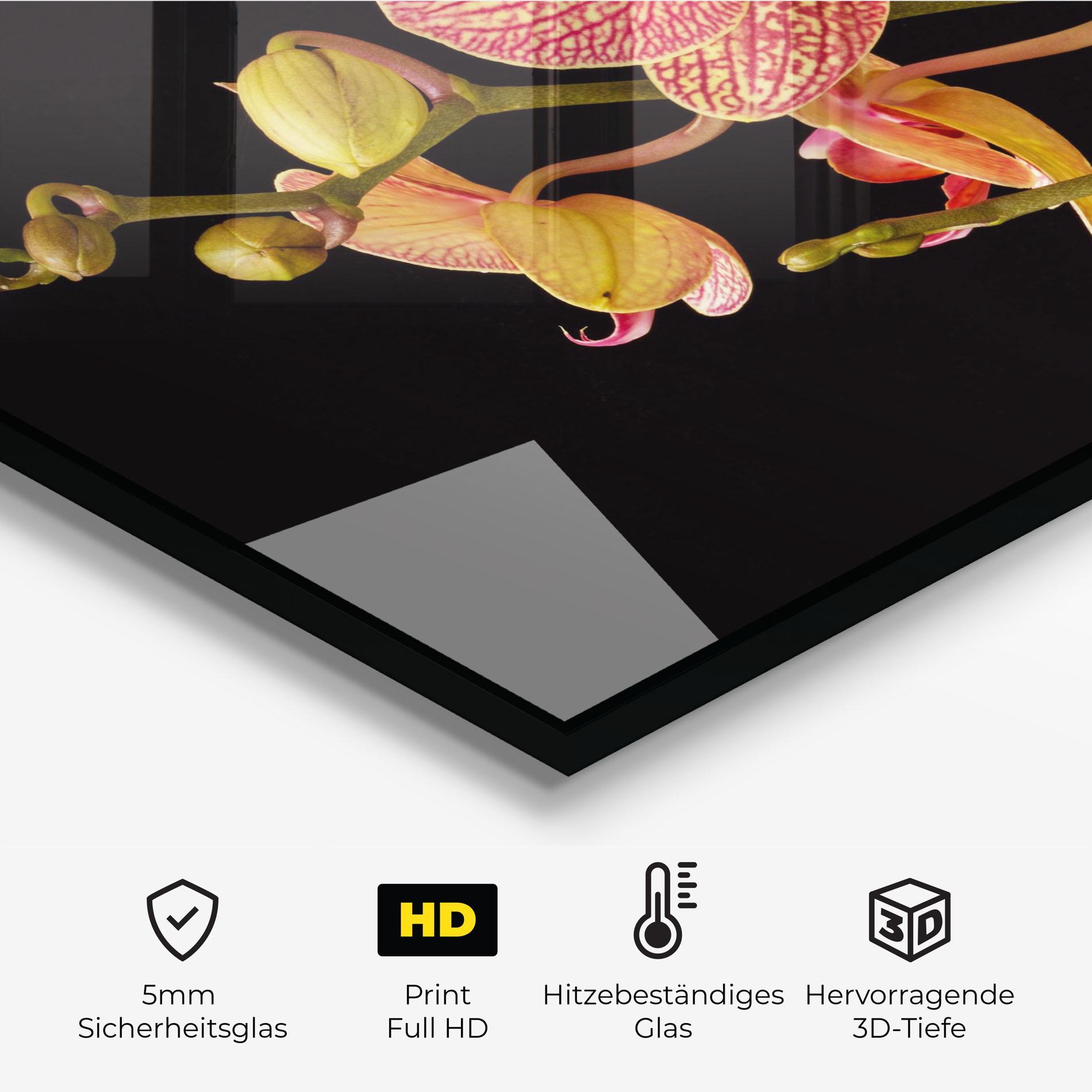 Küchenrückwand Glas Pink Orchids On Black mockup 2