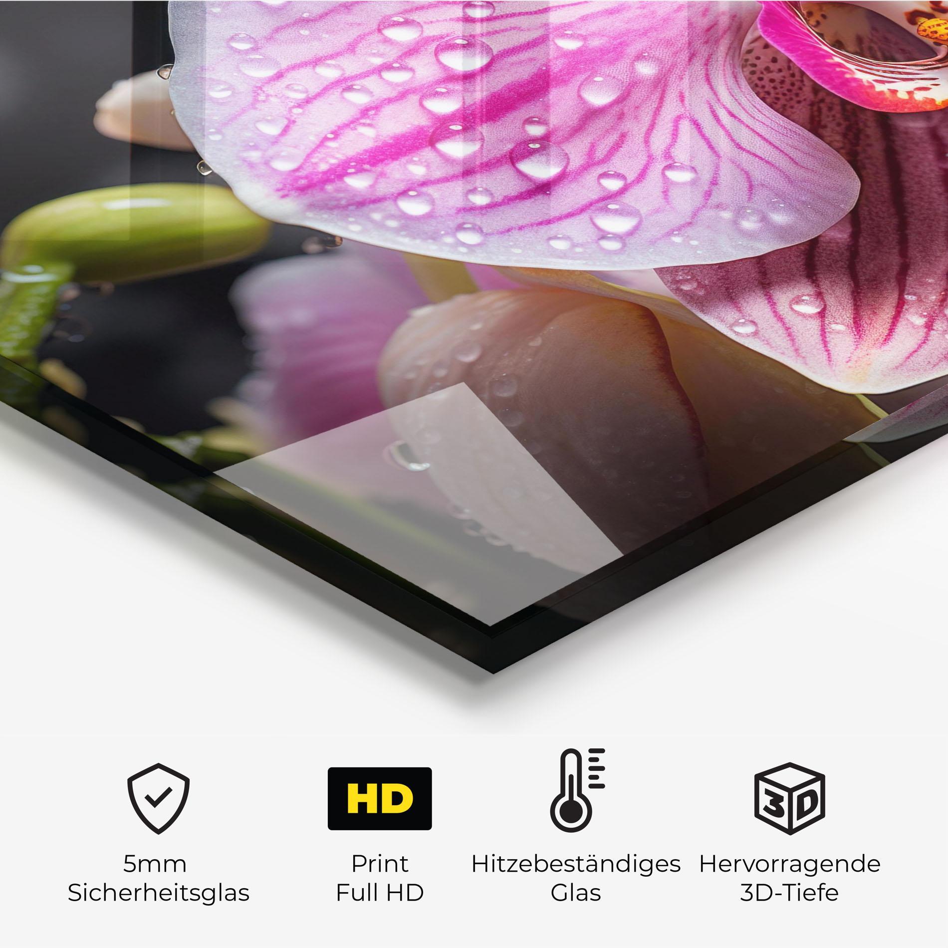 Küchenrückwand Glas Pretty Orchid After Rain mockup 2