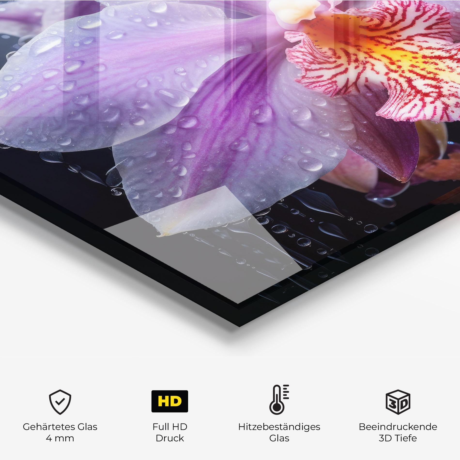 Küchenrückwand Glas Orchid In Rain mockup 2