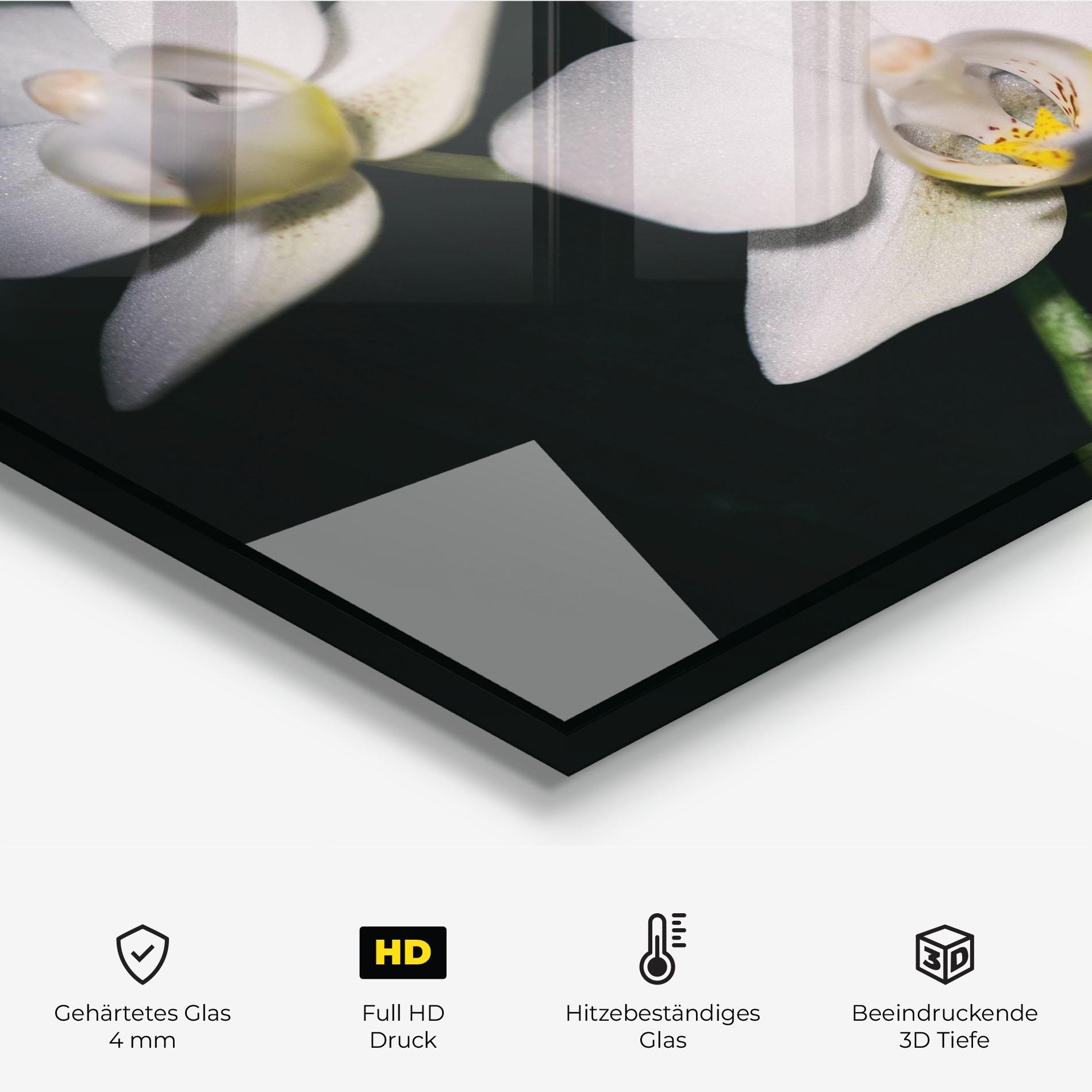 Küchenrückwand Glas Orchids On Black mockup 2