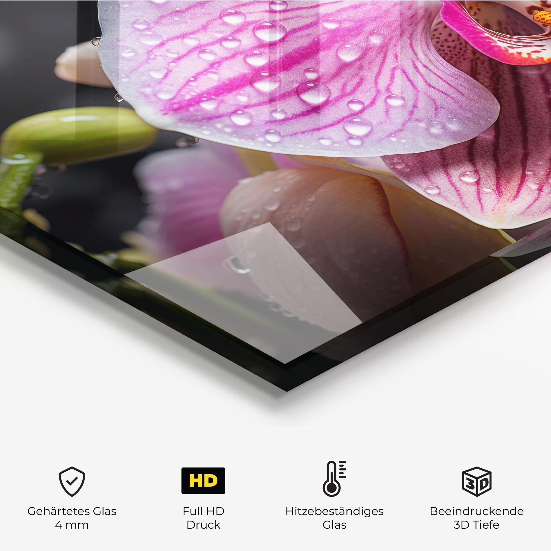 Küchenrückwand Glas Pretty Orchid After Rain mockup 2