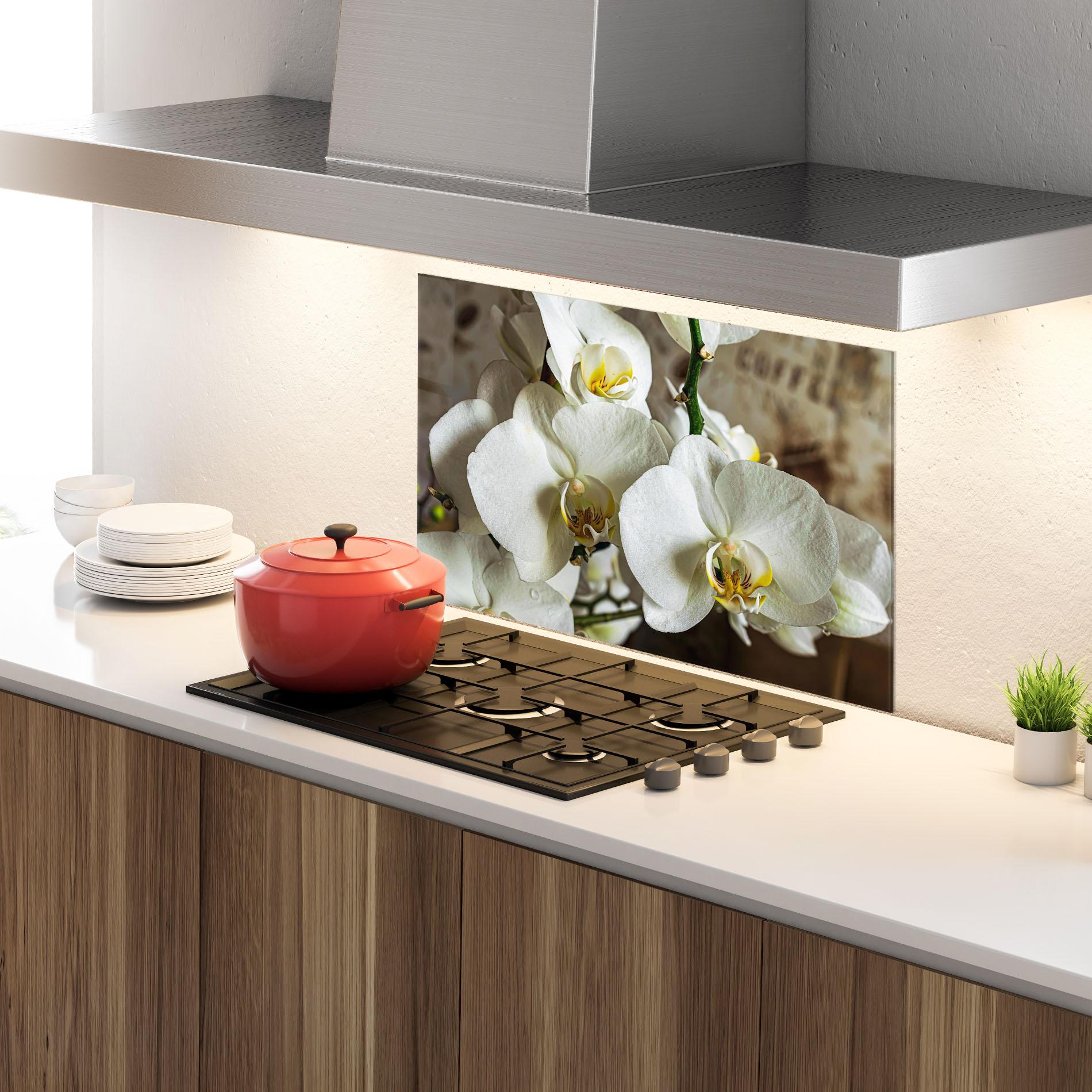 Küchenrückwand Glas Beautiful White Orchids mockup 4