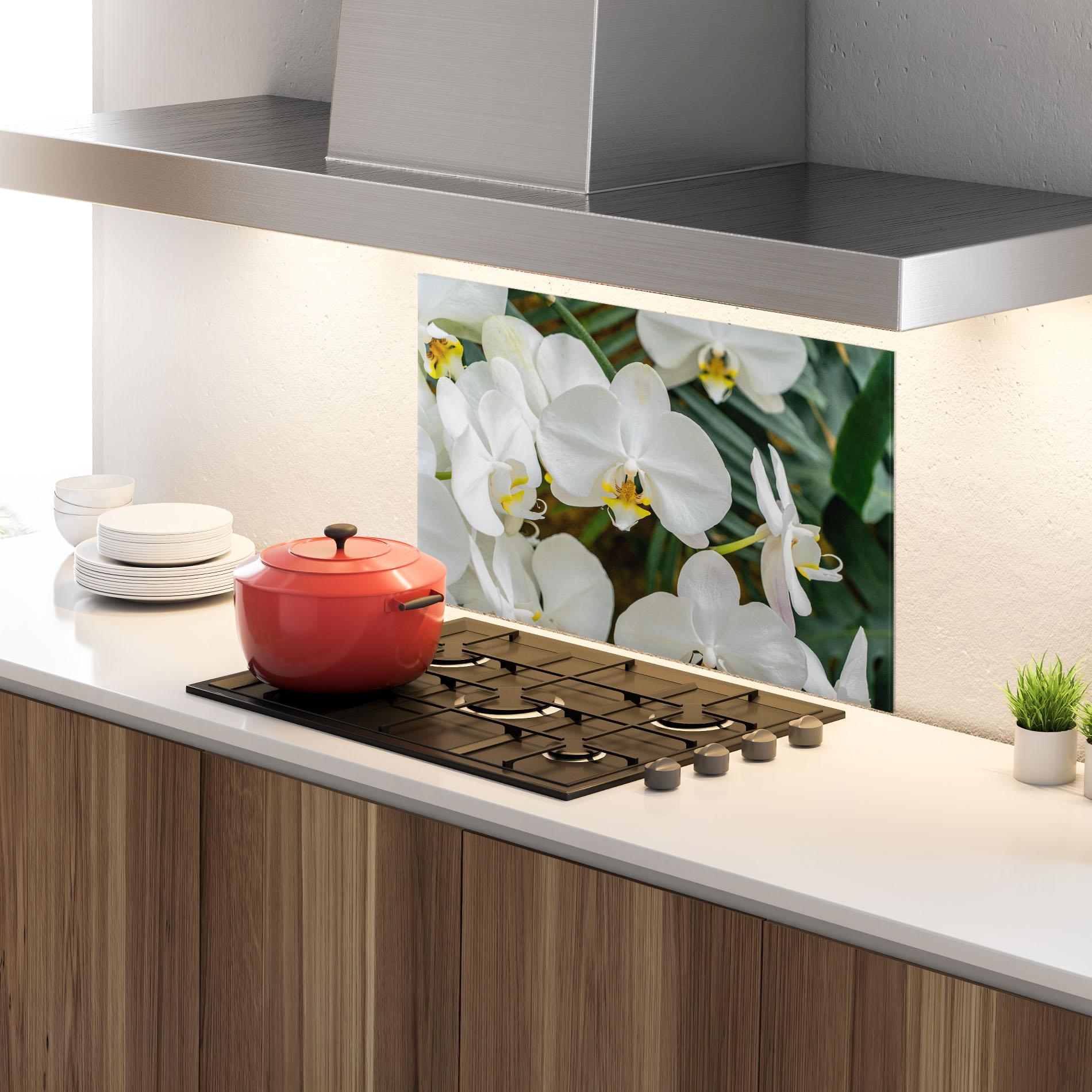 Küchenrückwand Glas Orchids In Nature mockup 4