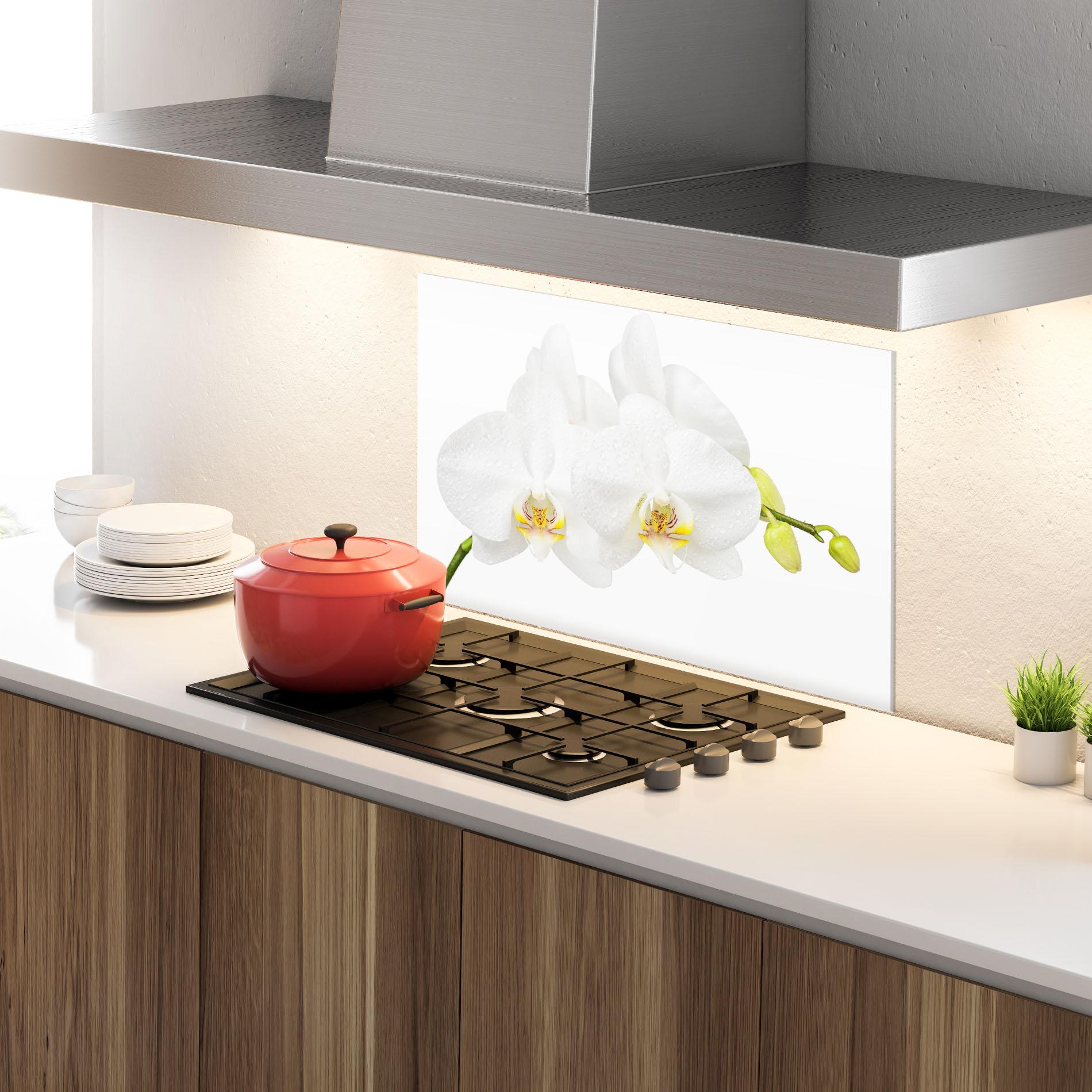 Küchenrückwand Glas Orchids On White mockup 4