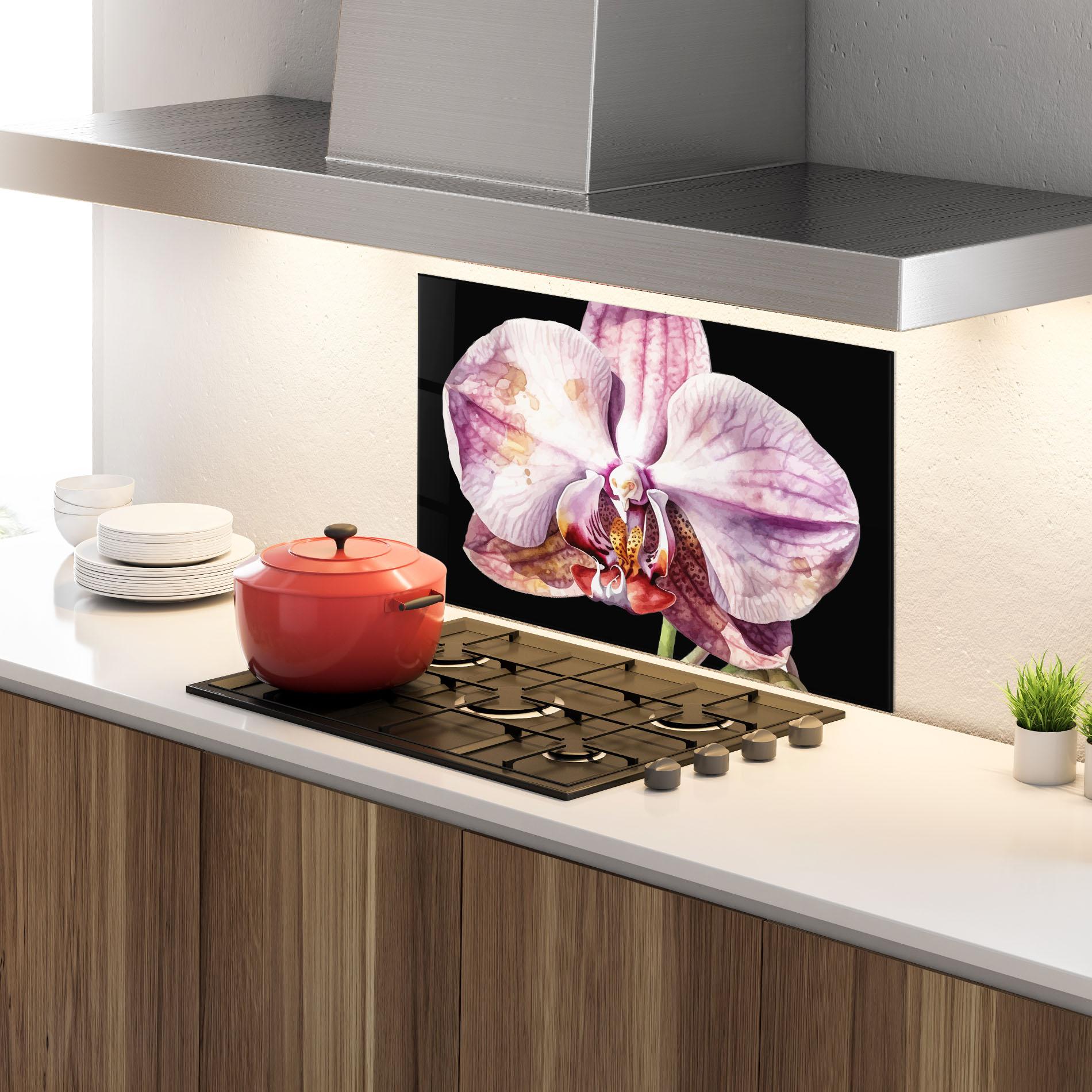 Küchenrückwand Glas Painted Orchid mockup 4